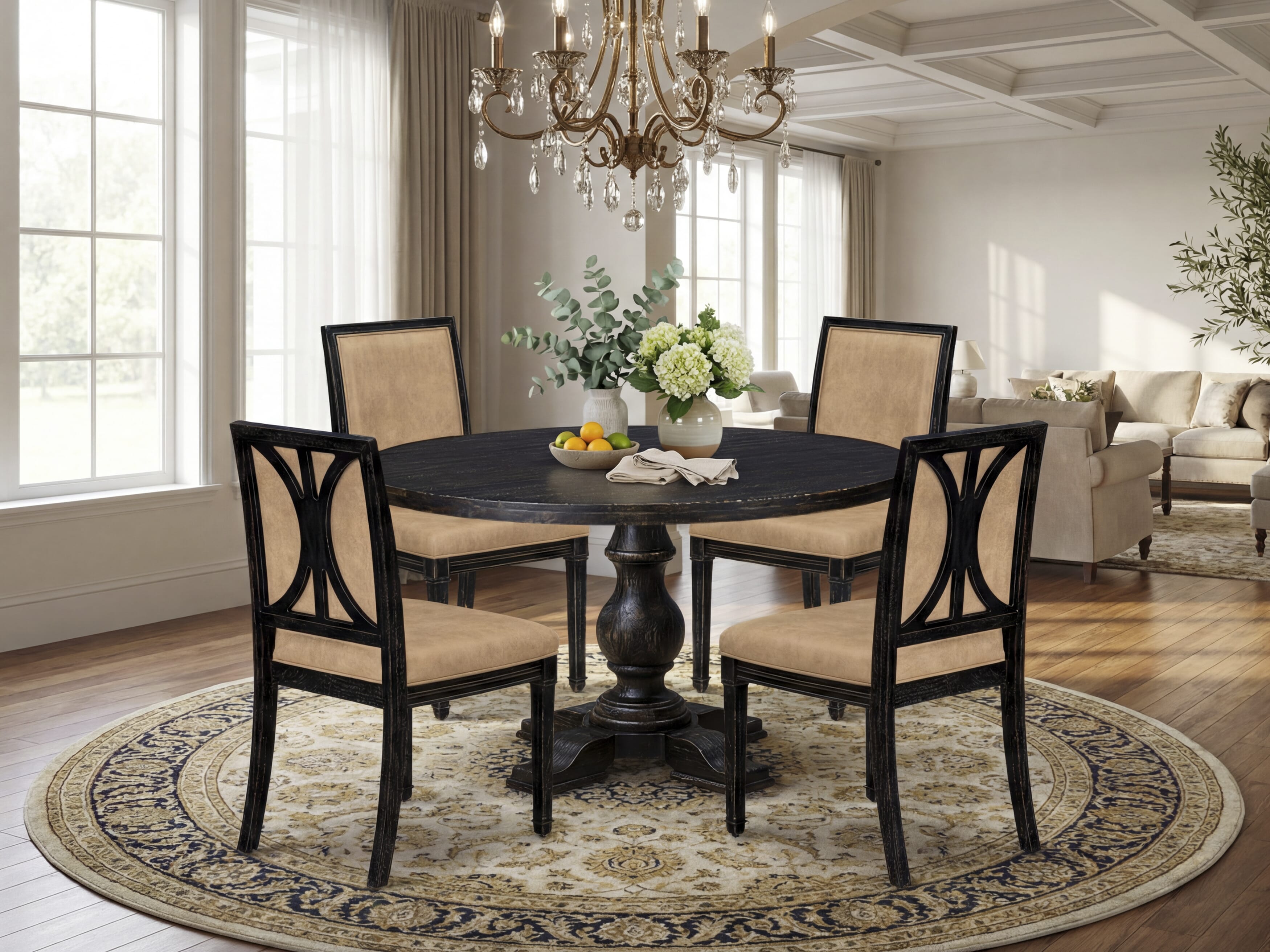 Luxe by East West Furniture - I5AM5-511-28 5-Piece Dining Table Set Includes a Round Mid Century Modern Dining Table and 4 Dark Gray Polyester Chairs with High Back, Sand Blasting Black Finish.