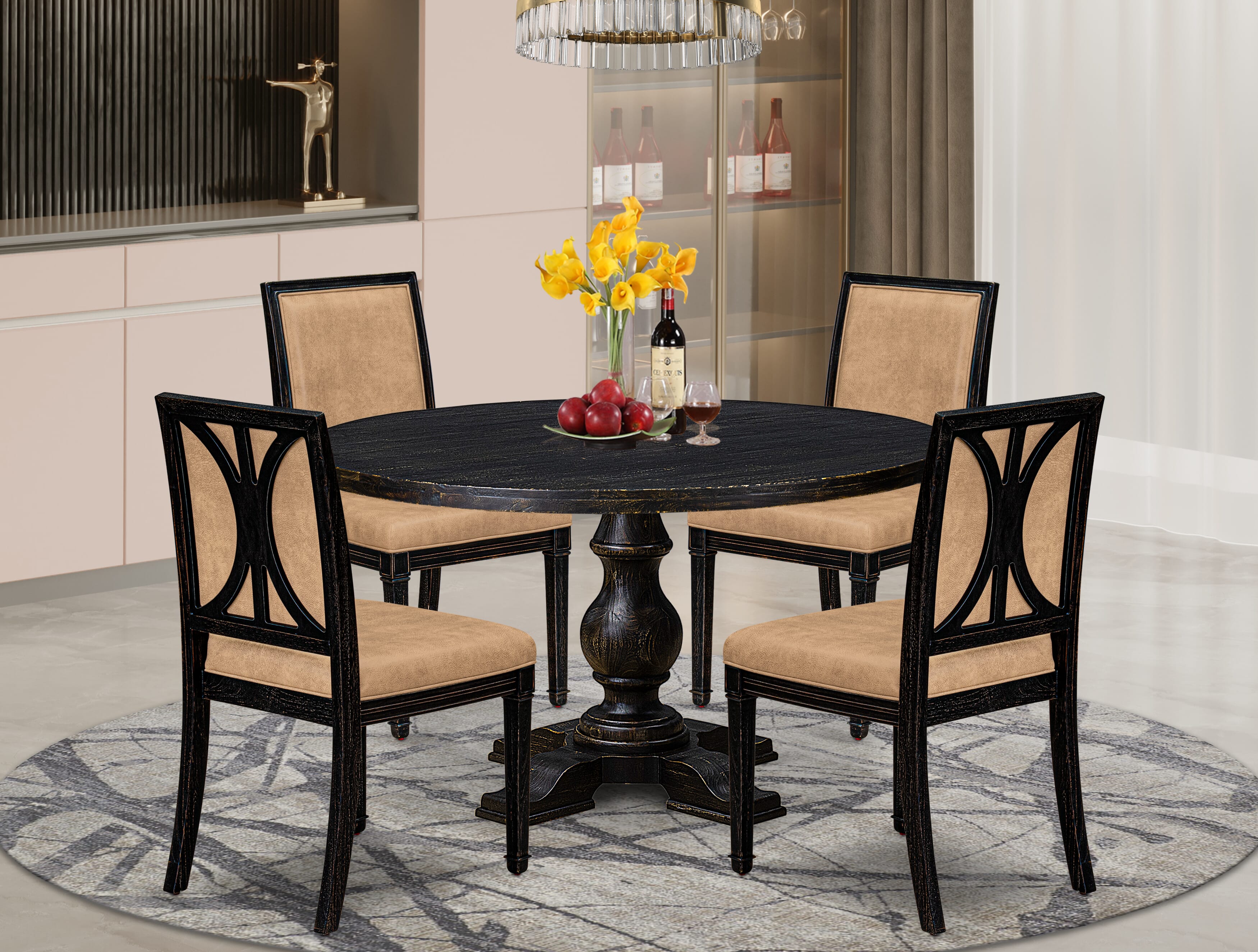 Luxe by East West Furniture - I5AM5-511-28 5-Piece Dining Table Set Includes a Round Mid Century Modern Dining Table and 4 Dark Gray Polyester Chairs with High Back, Sand Blasting Black Finish.
