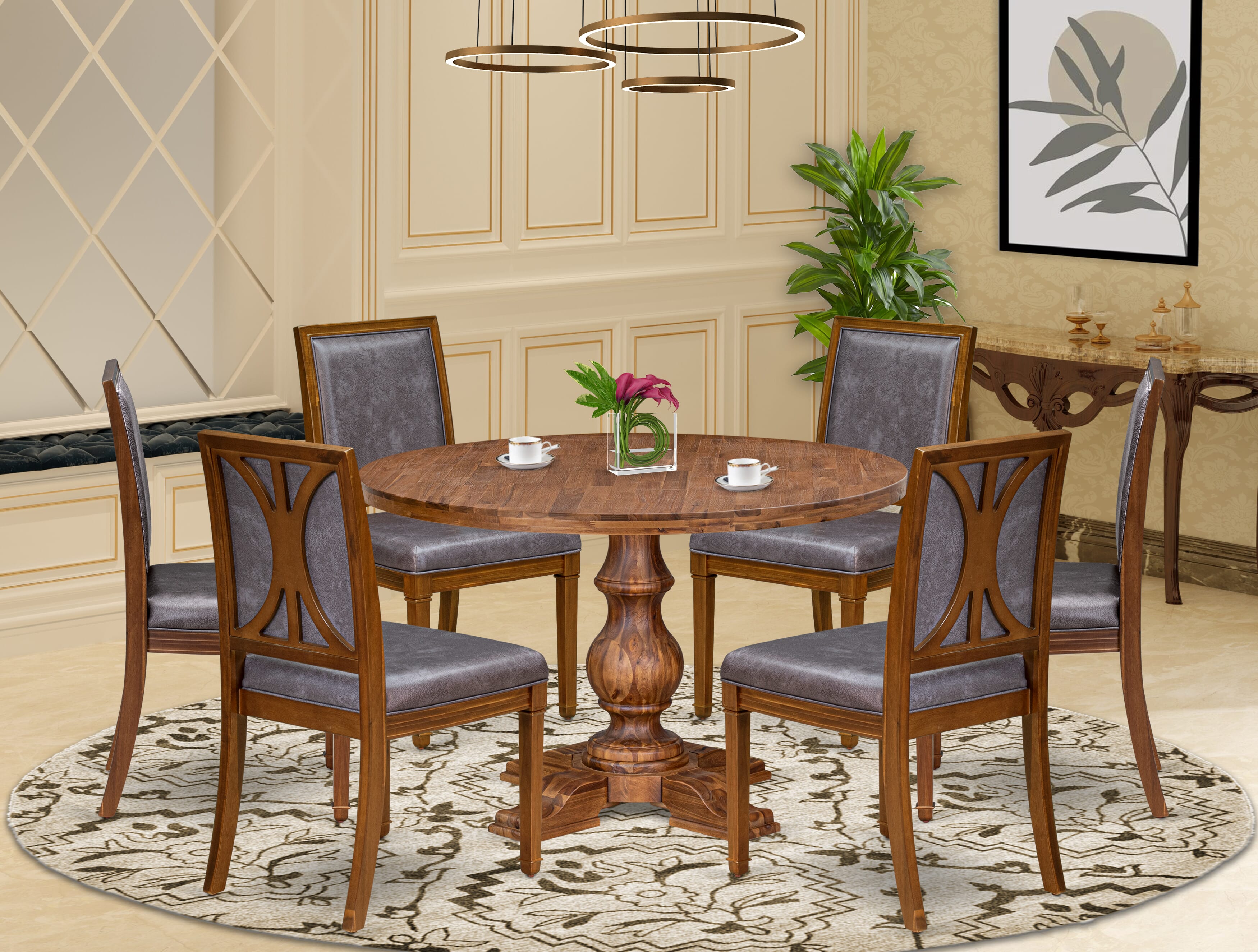 Luxe by East West Furniture - I5AM7-40N-34 7-Piece Modern dining table set includes a Round Modern dining table and 6 Dark Grey Faux Leather Chairs with stylish Back, Antique Walnut Finish.