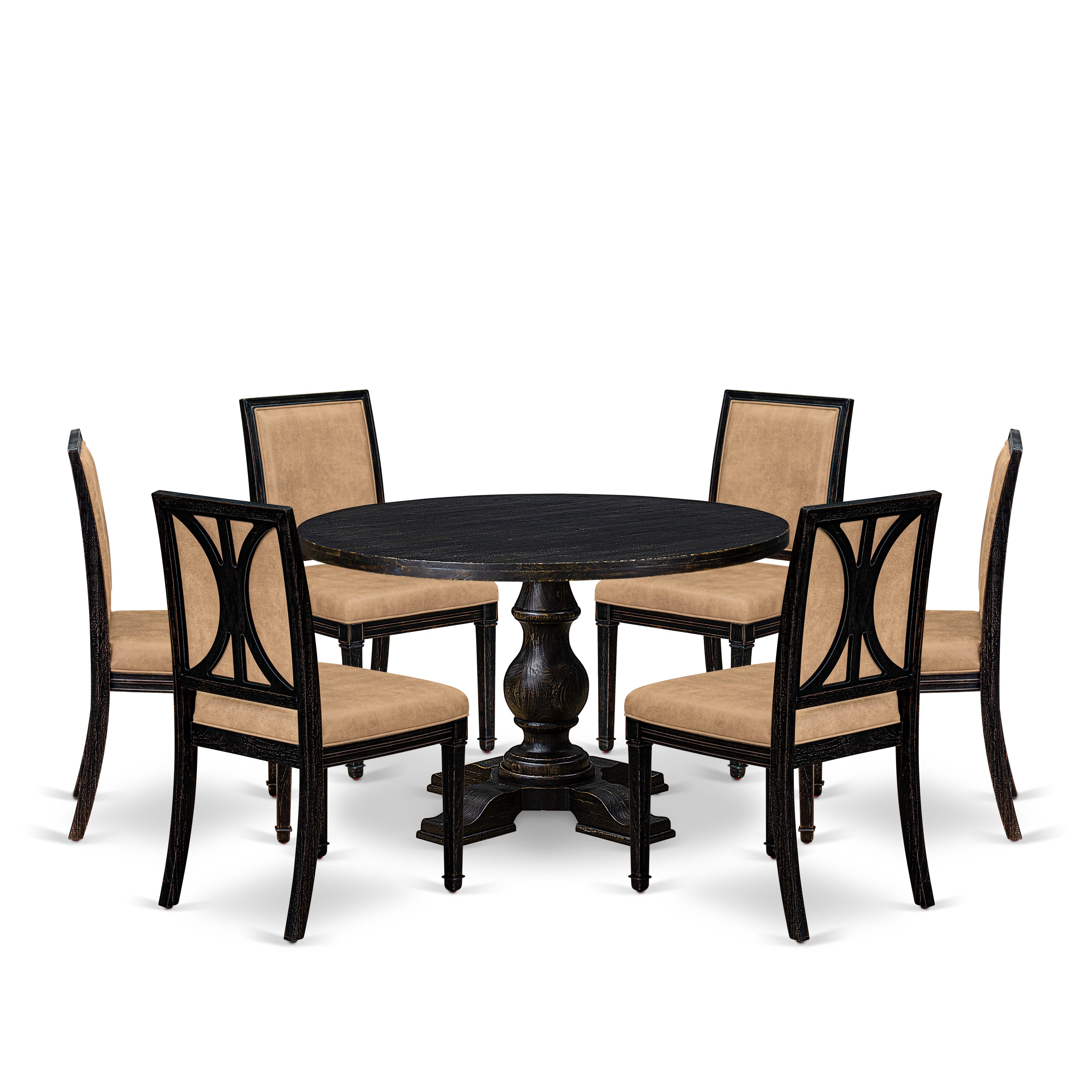 Luxe by East West Furniture - I5AM7-411-28 7-Piece Kitchen Table Set Consists of a Round Wooden Table and 6 Beige Polyester Chairs with High Back, Sand Blasting Black Finish.