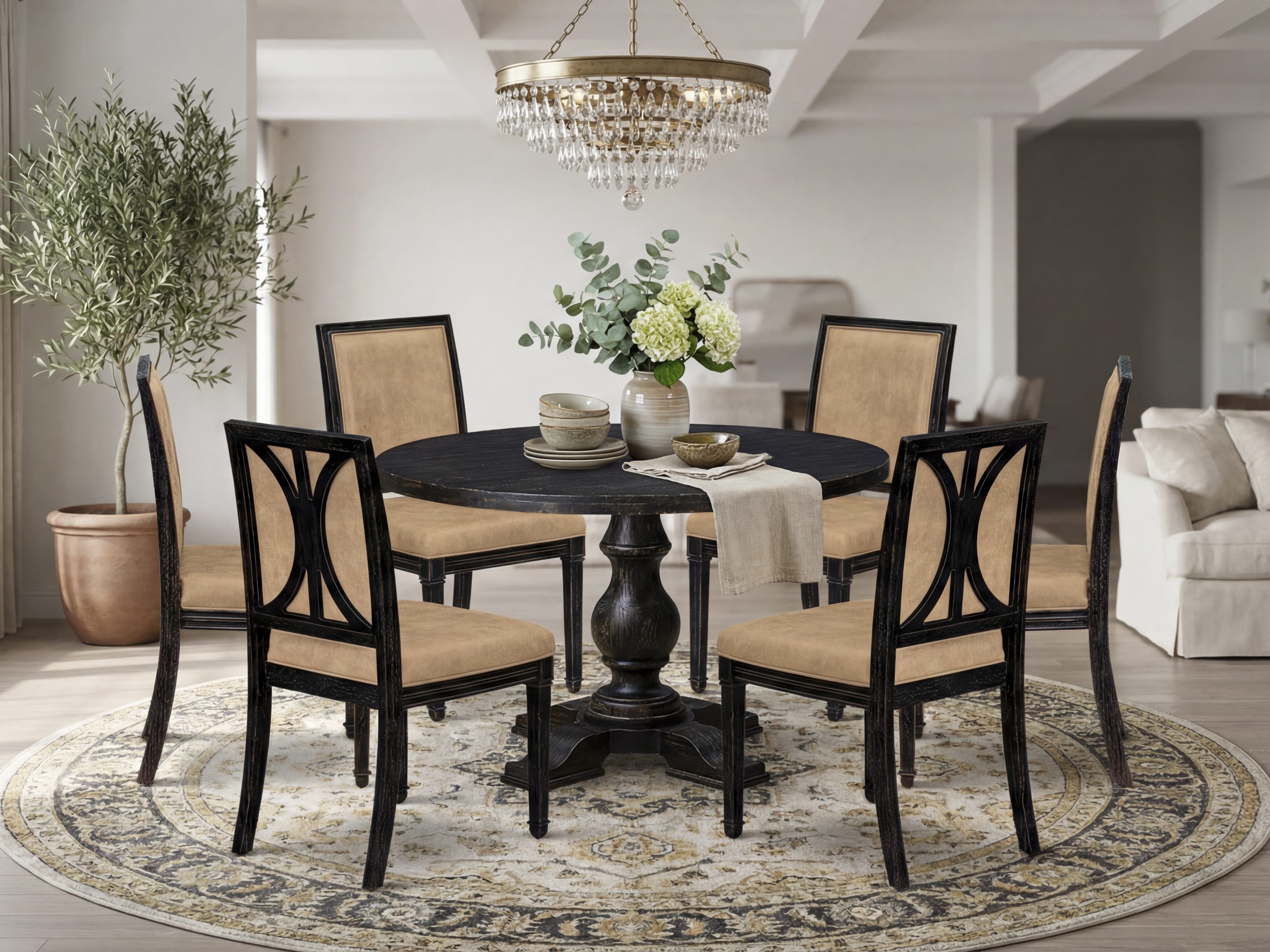 Luxe by East West Furniture - I5AM7-411-28 7-Piece Kitchen Table Set Consists of a Round Wooden Table and 6 Beige Polyester Chairs with High Back, Sand Blasting Black Finish.