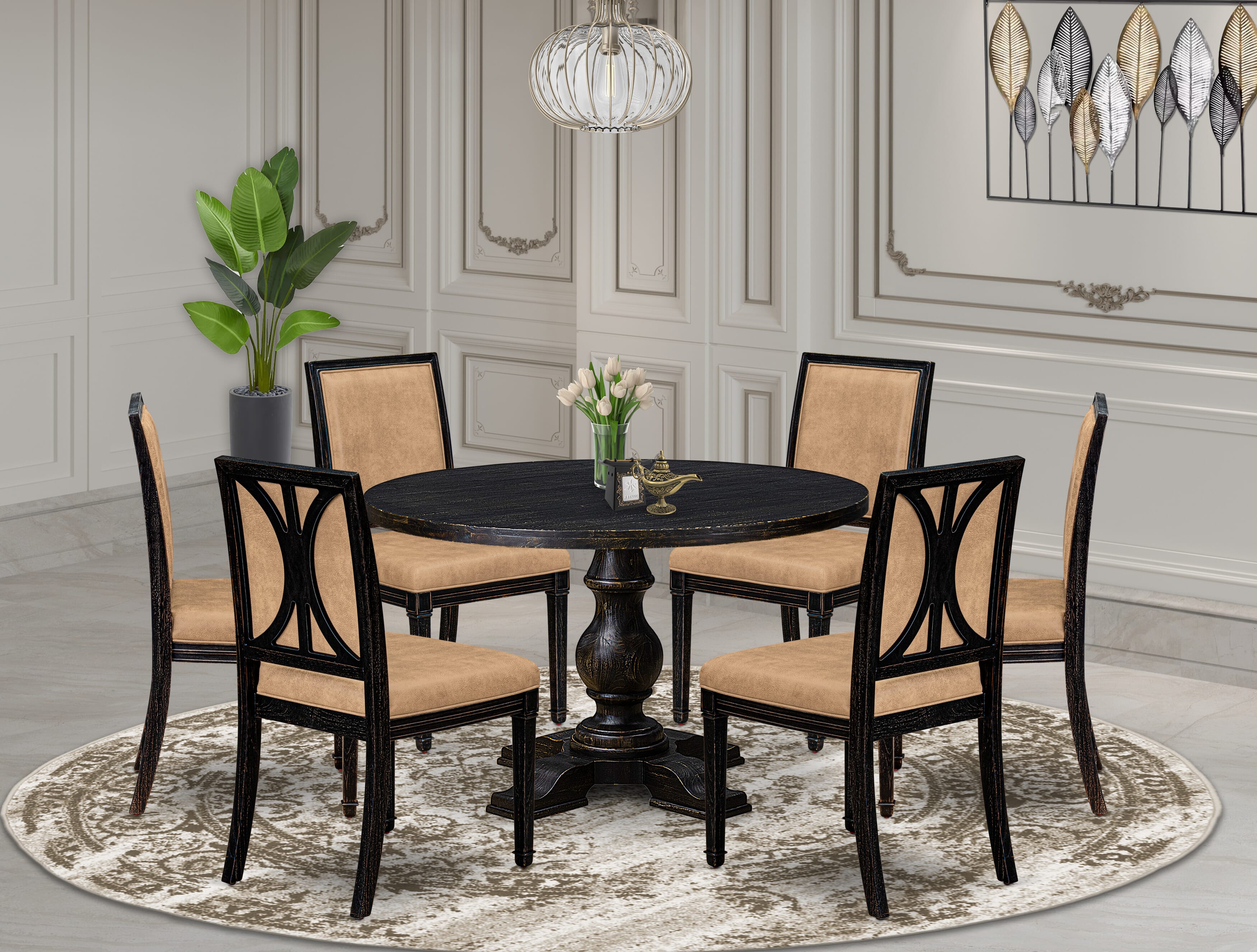 Luxe by East West Furniture - I5AM7-411-28 7-Piece Kitchen Table Set Consists of a Round Wooden Table and 6 Beige Polyester Chairs with High Back, Sand Blasting Black Finish.
