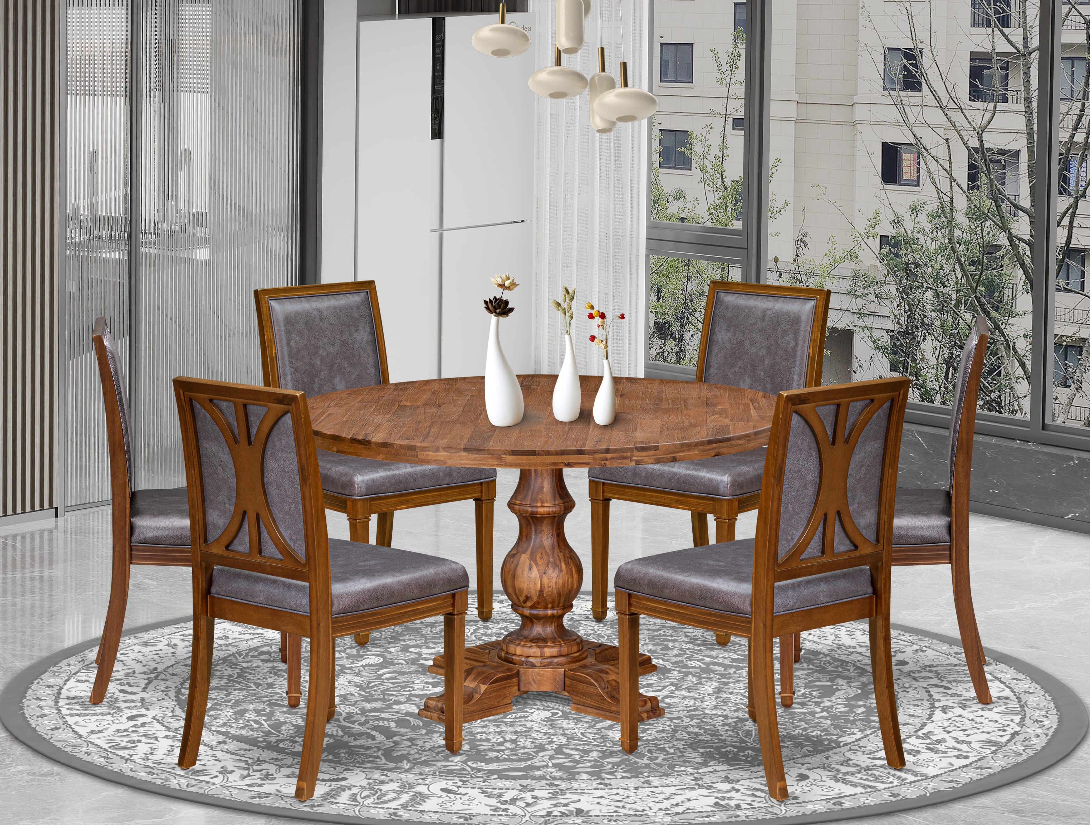 Luxe by East West Furniture I5AM7-50N-34 7-Piece Kitchen Table Set with Polyester 6 Dark Gray kitchen chairs, High Back, and A Kitchen Table in Antique Walnut Finish.