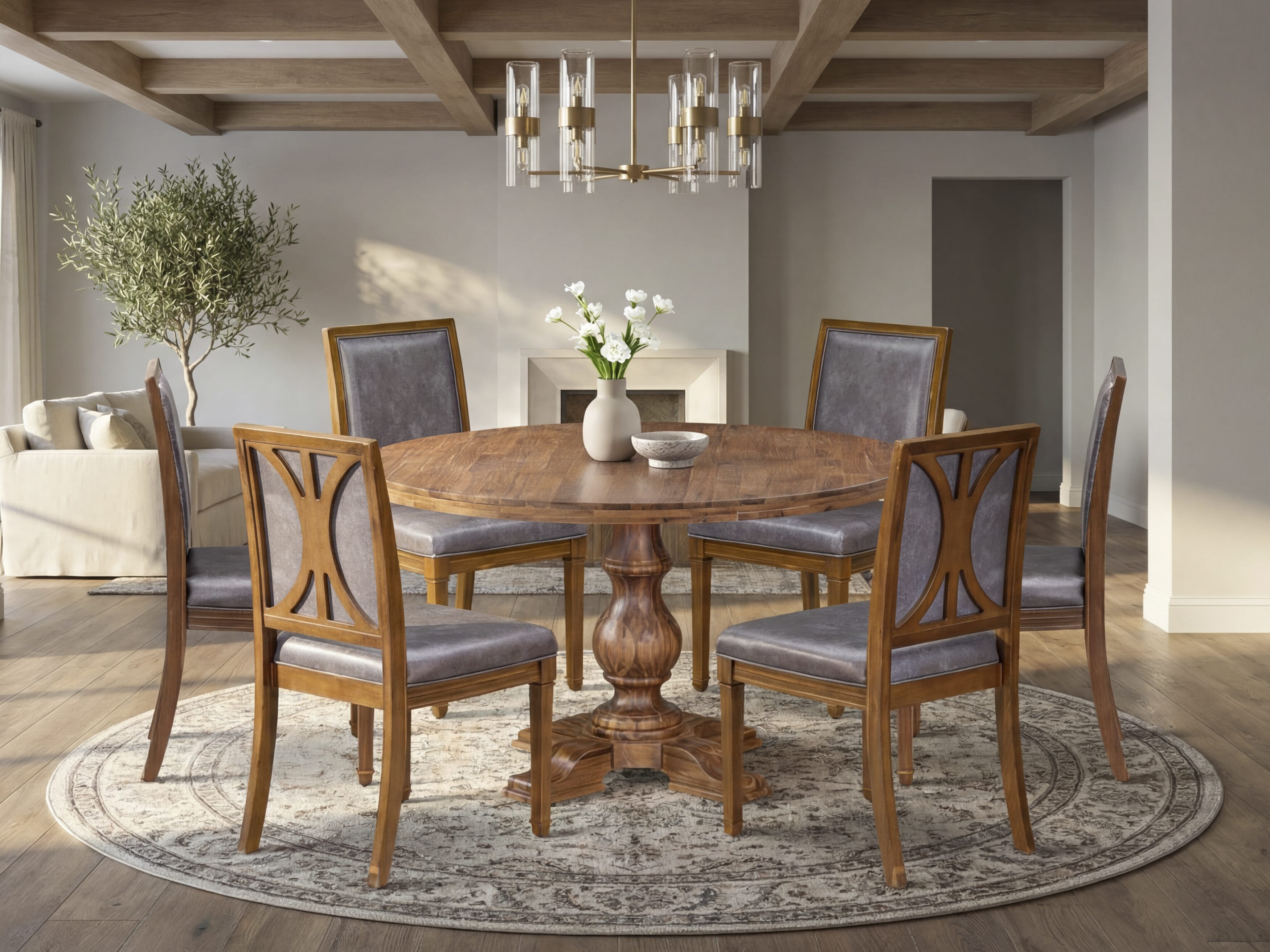 Luxe by East West Furniture I5AM7-50N-34 7-Piece Kitchen Table Set with Polyester 6 Dark Gray kitchen chairs, High Back, and A Kitchen Table in Antique Walnut Finish.