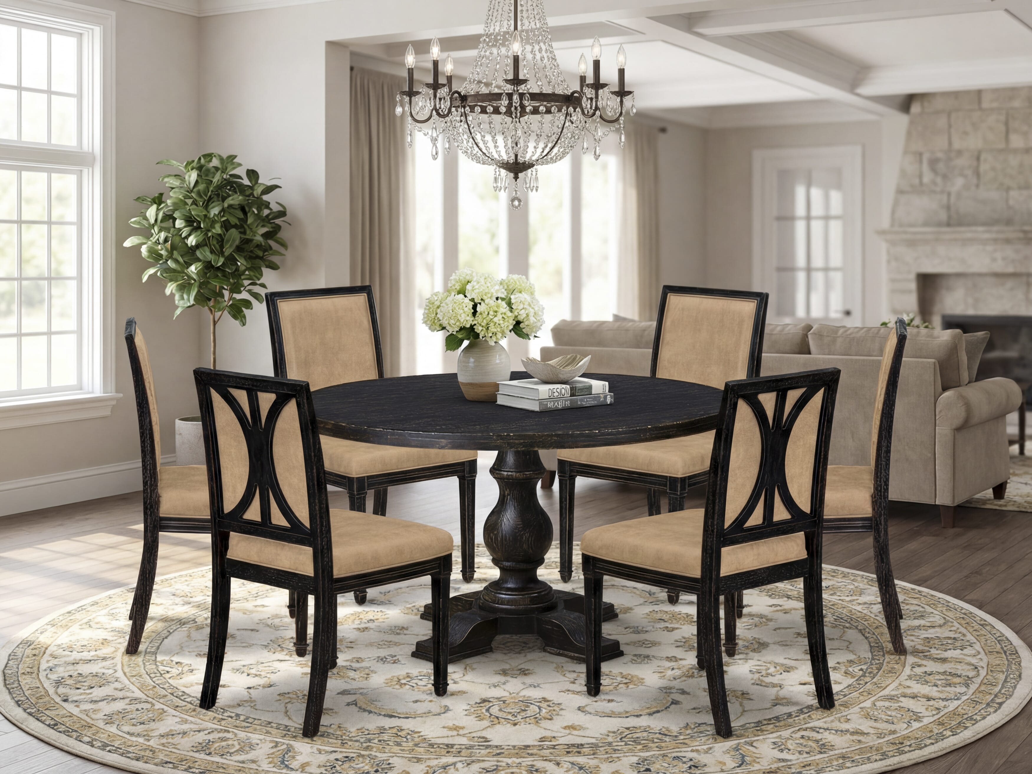 Luxe by East West Furniture I5AM7-511-28 7-Piece Dining Set with Polyester 6 Beige modern chairs, High Back, and A Dinner Table in Antique Walnut Finish.