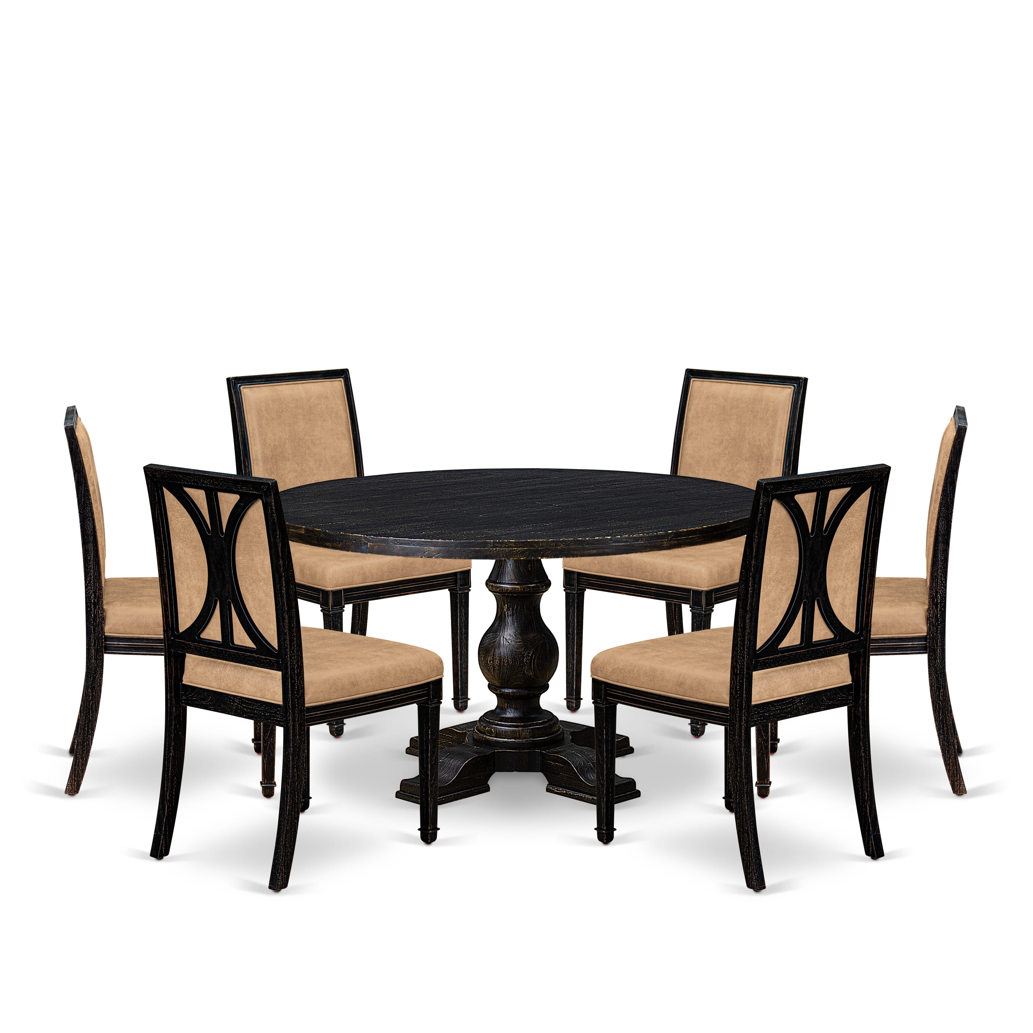 Luxe by East West Furniture I5AM7-511-28 7-Piece Dining Set with Polyester 6 Beige modern chairs, High Back, and A Dinner Table in Antique Walnut Finish.