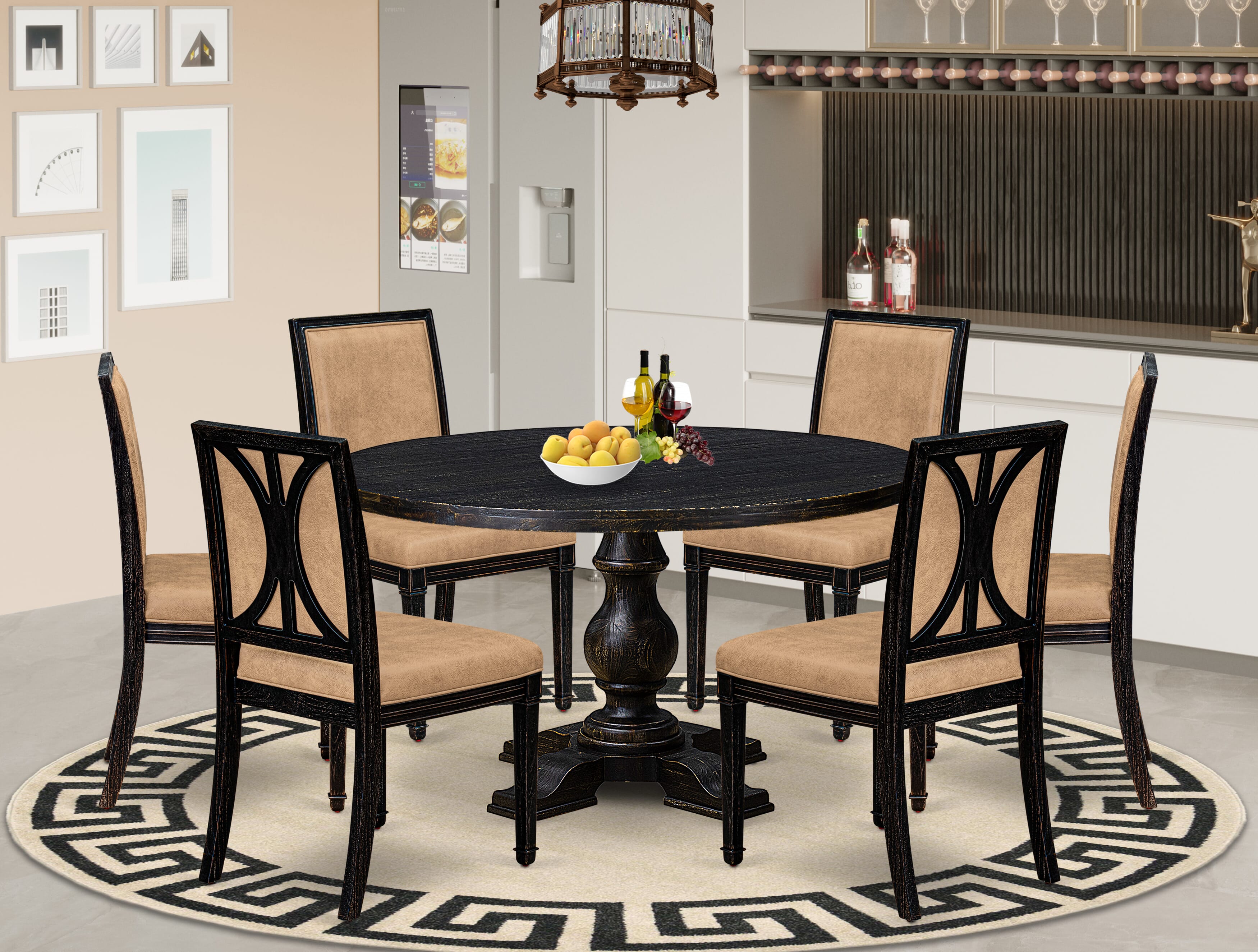 Luxe by East West Furniture I5AM7-511-28 7-Piece Dining Set with Polyester 6 Beige modern chairs, High Back, and A Dinner Table in Antique Walnut Finish.