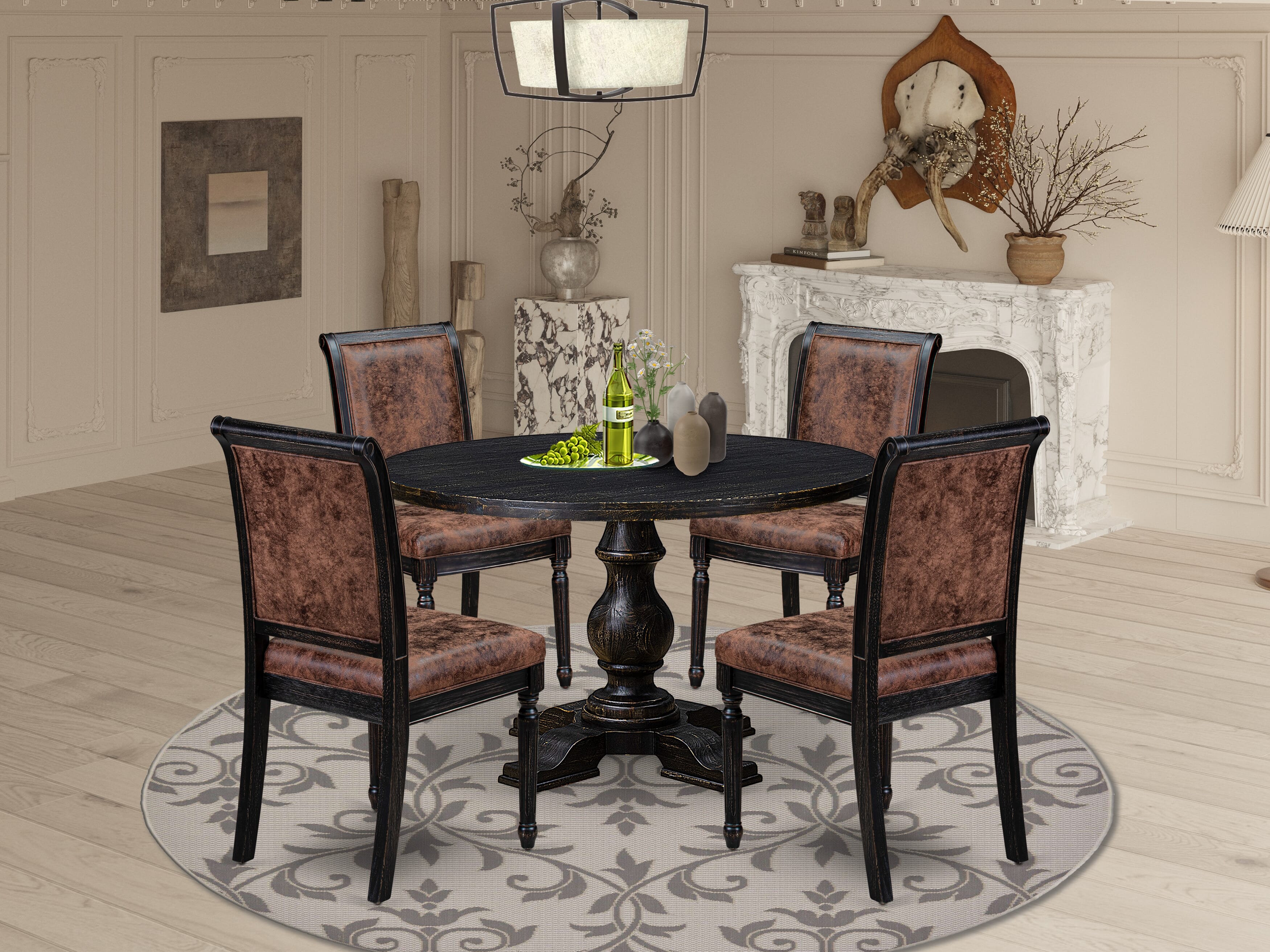 Luxe by East West Furniture I5CY5-411-33 5-Piece Modern Dining Set with Polyester 4 Brown Textured dining chairs, High Back, and A Kitchen Table in Sand Blasting Black Finish.