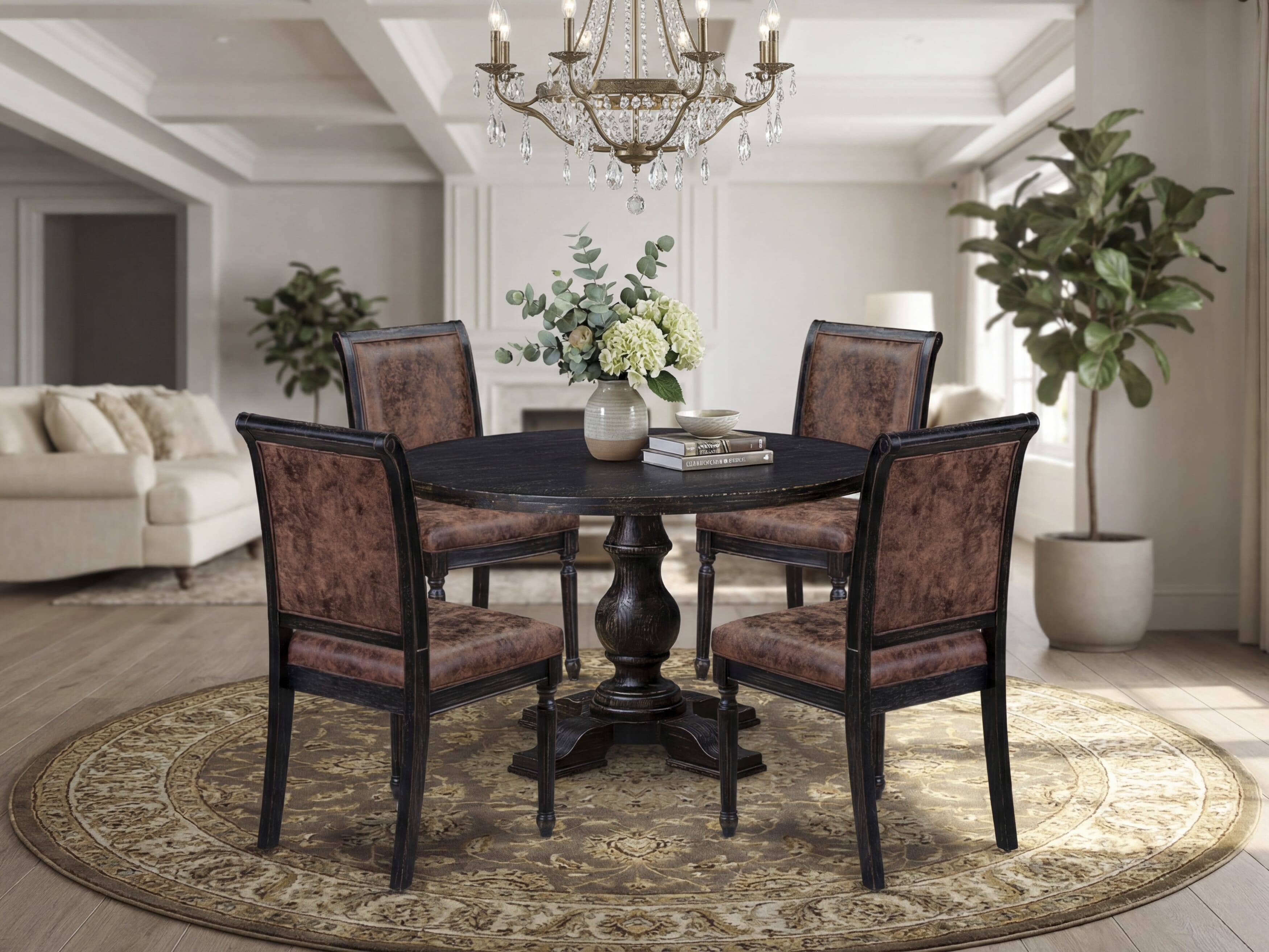 Luxe by East West Furniture I5CY5-411-33 5-Piece Modern Dining Set with Polyester 4 Brown Textured dining chairs, High Back, and A Kitchen Table in Sand Blasting Black Finish.