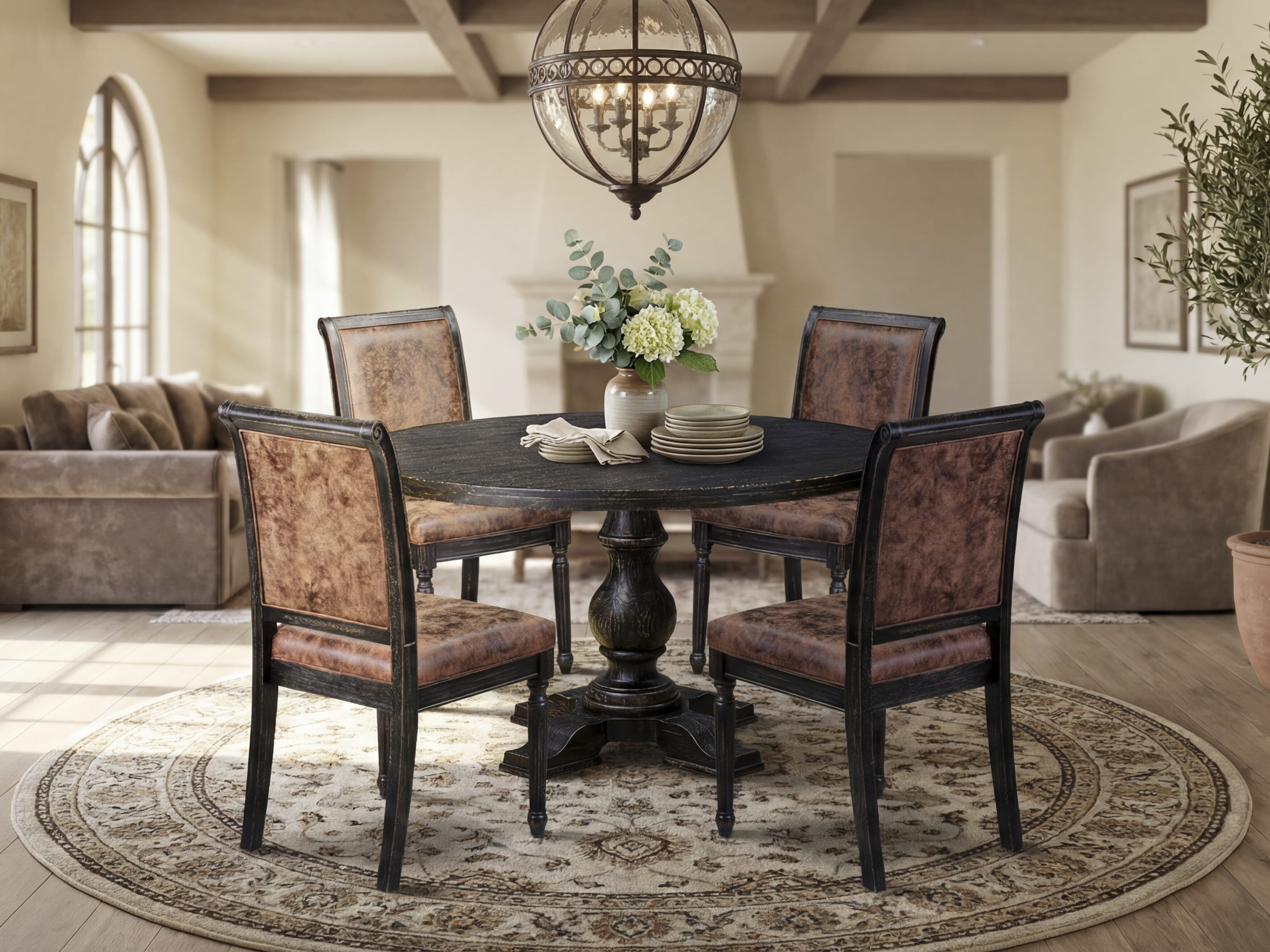 Luxe by East West Furniture I5CY5-511-33 5-Piece Kitchen Set with Polyester 4 Brown Textured Upholstered chairs, High Back, and A Breakfast Table in Sand Blasting Black Finish.