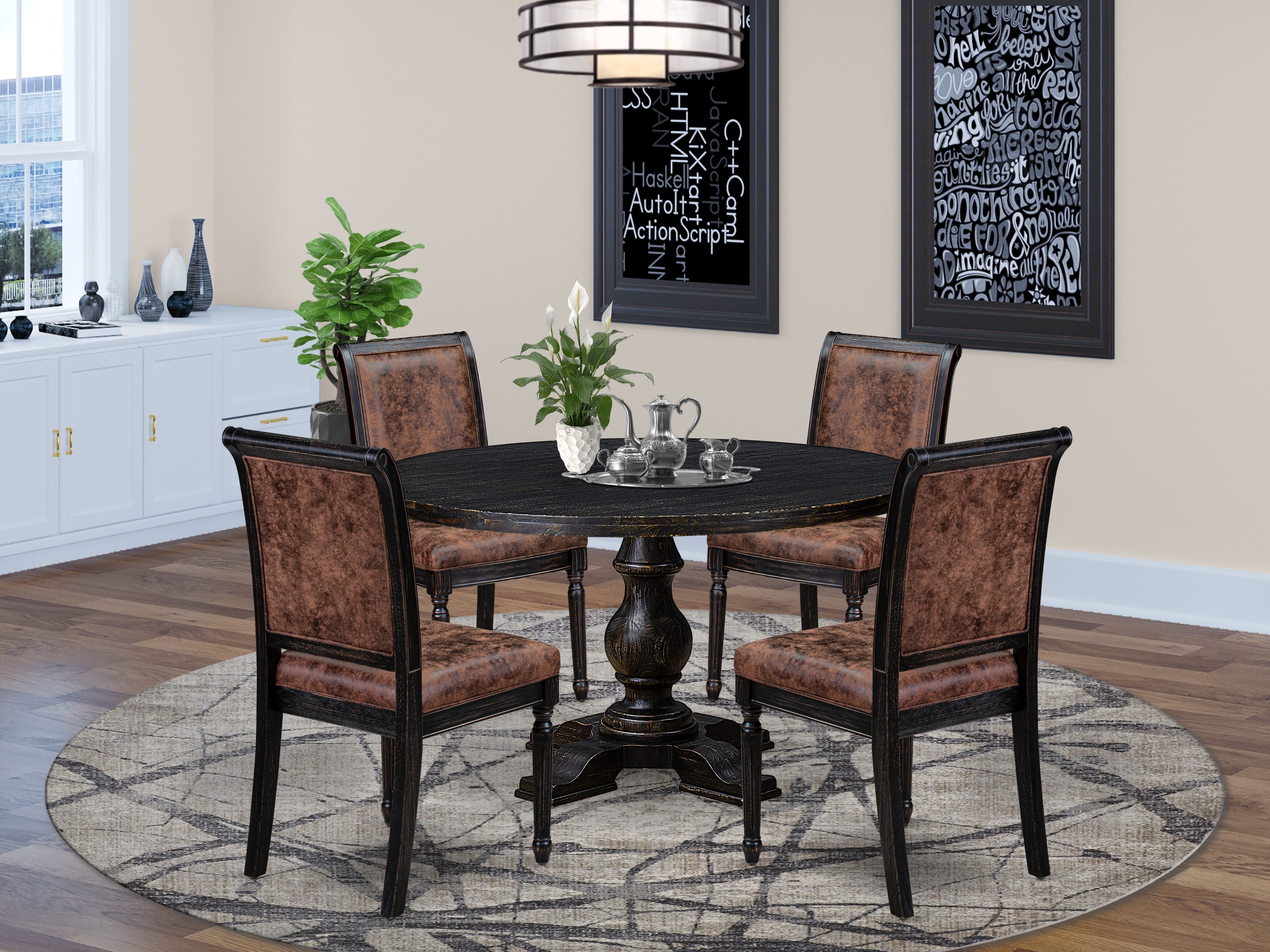 Luxe by East West Furniture I5CY5-511-33 5-Piece Kitchen Set with Polyester 4 Brown Textured Upholstered chairs, High Back, and A Breakfast Table in Sand Blasting Black Finish.