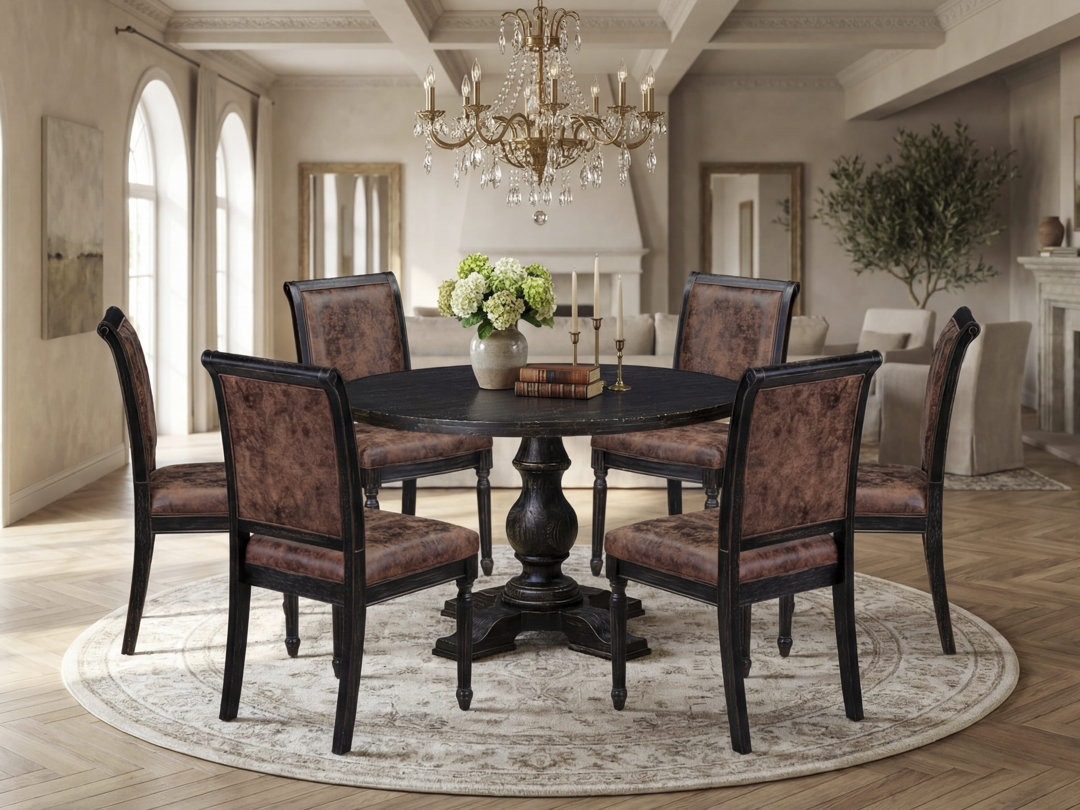 Luxe by East West Furniture I5CY7-411-33 7-Piece Mid-century Kitchen Set with Polyester 6 Brown Textured Parson chairs, High Back, and A Wooden Table in Sand Blasting Black Finish.