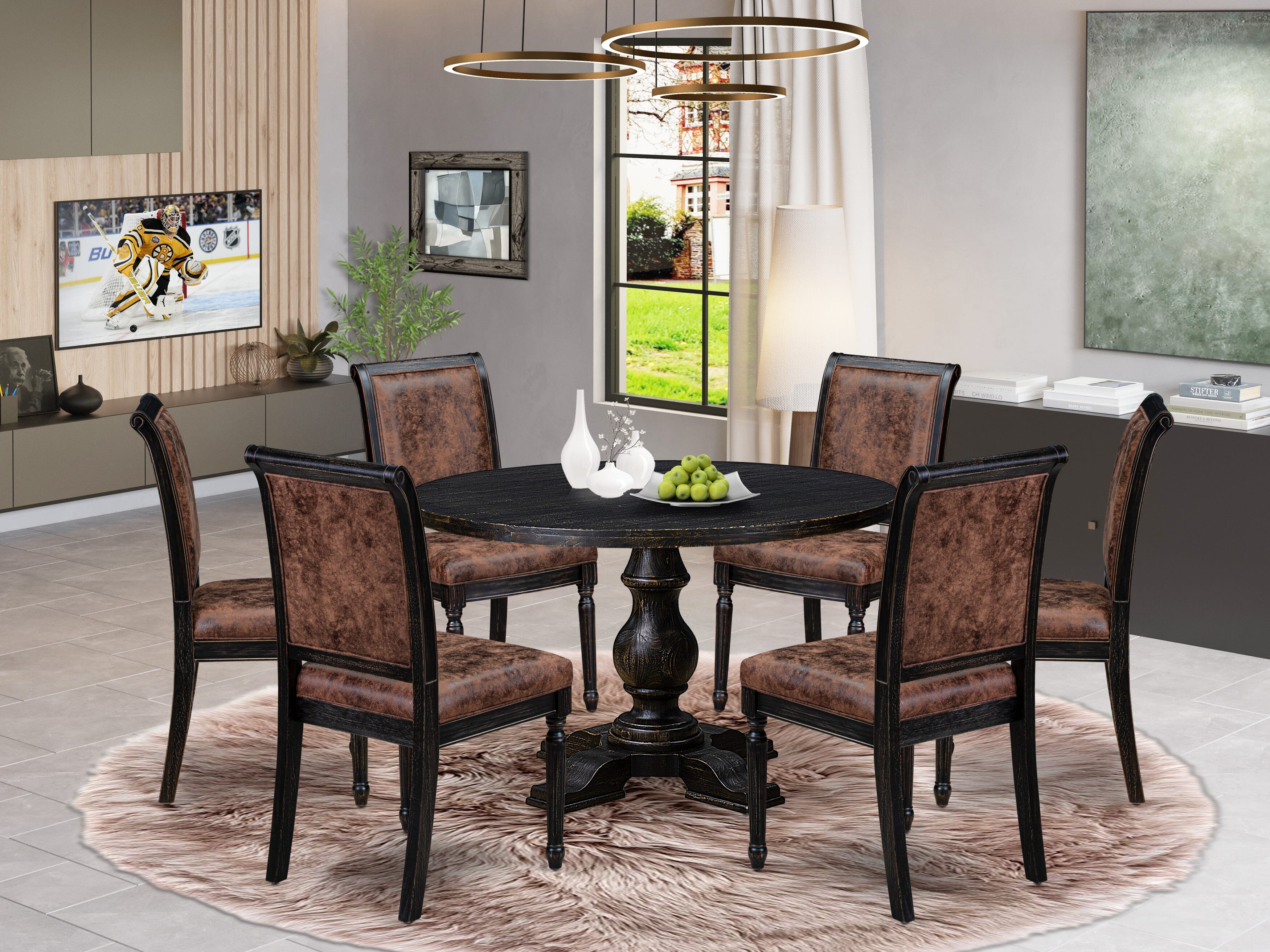Luxe by East West Furniture I5CY7-411-33 7-Piece Mid-century Kitchen Set with Polyester 6 Brown Textured Parson chairs, High Back, and A Wooden Table in Sand Blasting Black Finish.