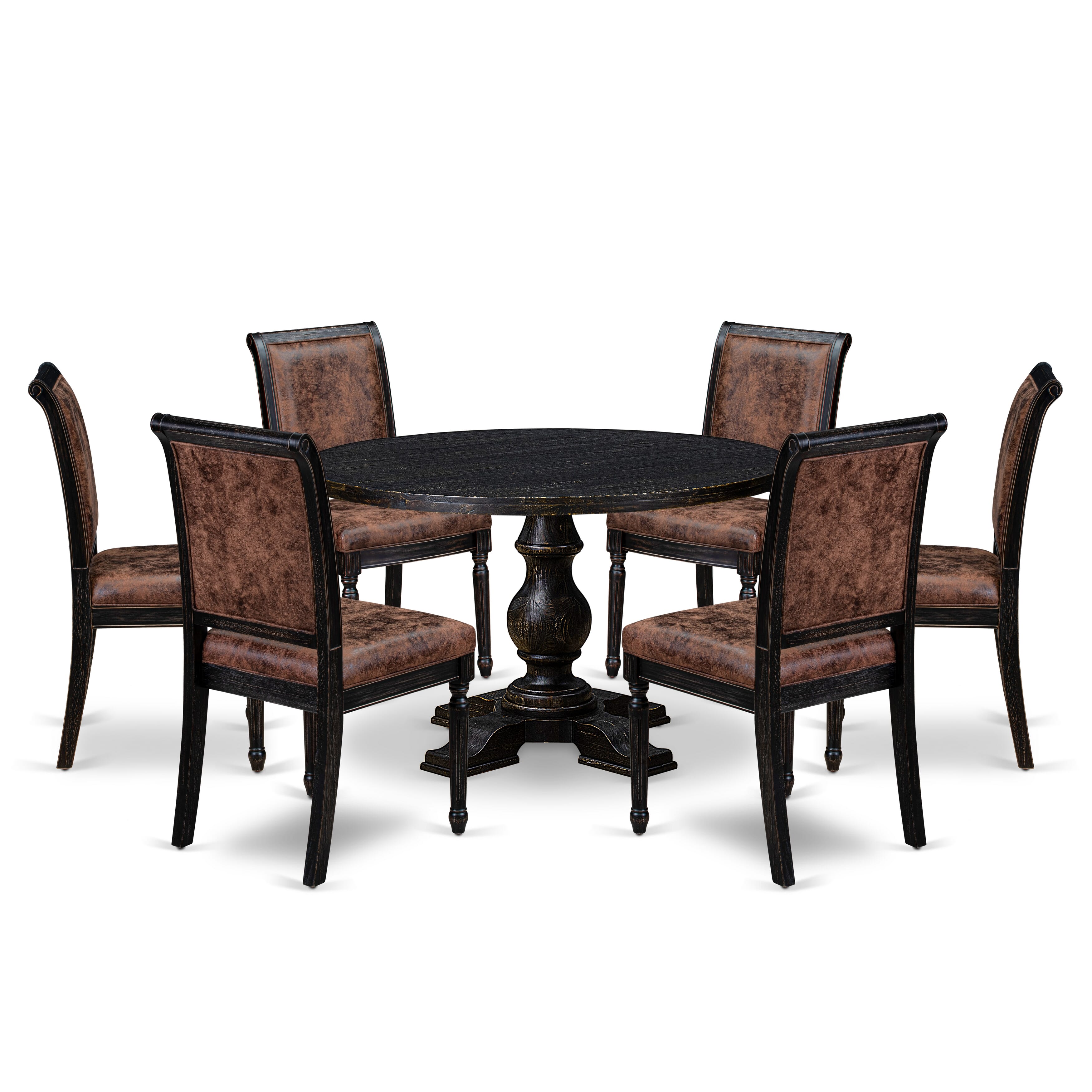 Luxe by East West Furniture I5CY7-411-33 7-Piece Mid-century Kitchen Set with Polyester 6 Brown Textured Parson chairs, High Back, and A Wooden Table in Sand Blasting Black Finish.
