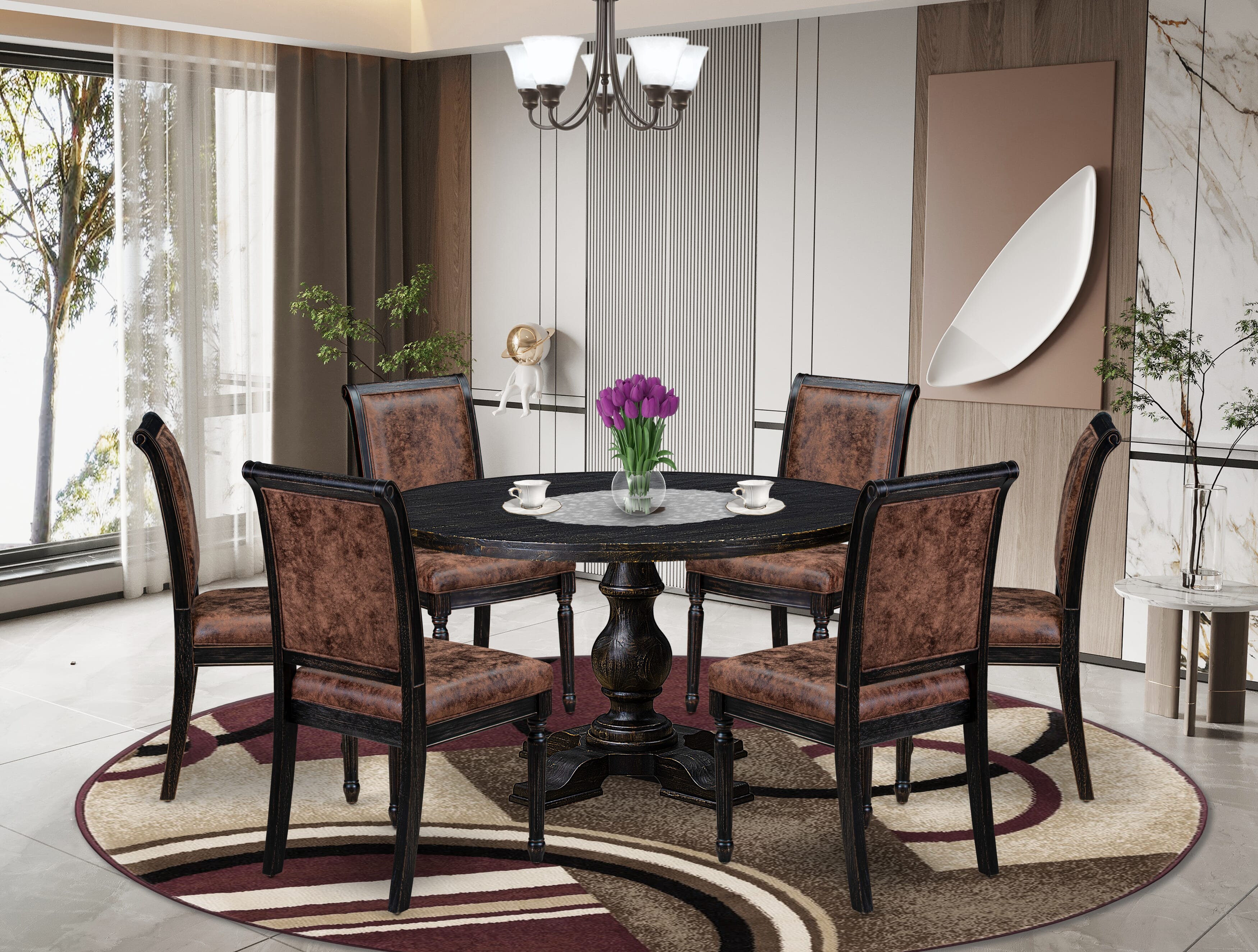 Luxe by East West Furniture I5CY7-511-33 7-piece Dining Room Set with Polyester 6 Brown Textured dining room chairs, High Back, and A Round Table in Sand Blasting Black Finish.
