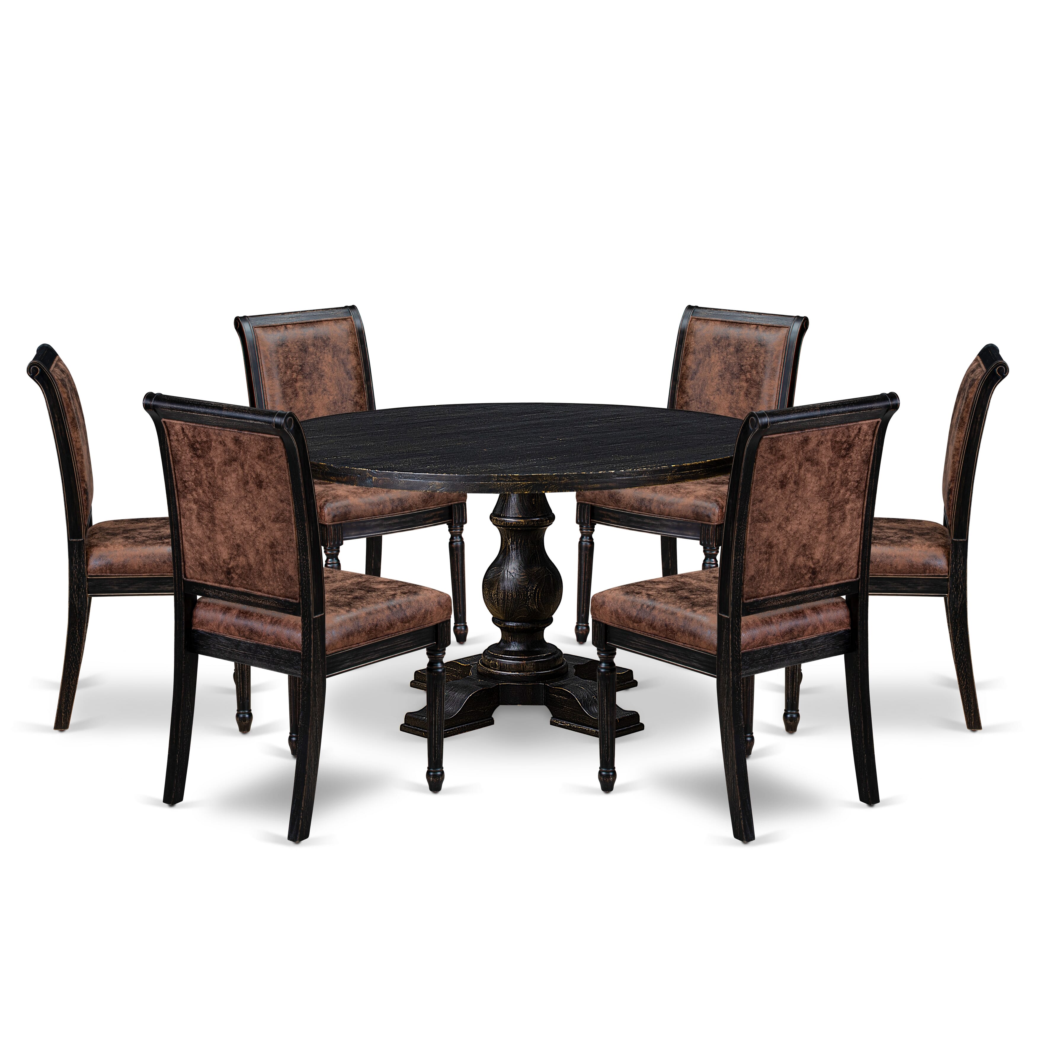 Luxe by East West Furniture I5CY7-511-33 7-piece Dining Room Set with Polyester 6 Brown Textured dining room chairs, High Back, and A Round Table in Sand Blasting Black Finish.