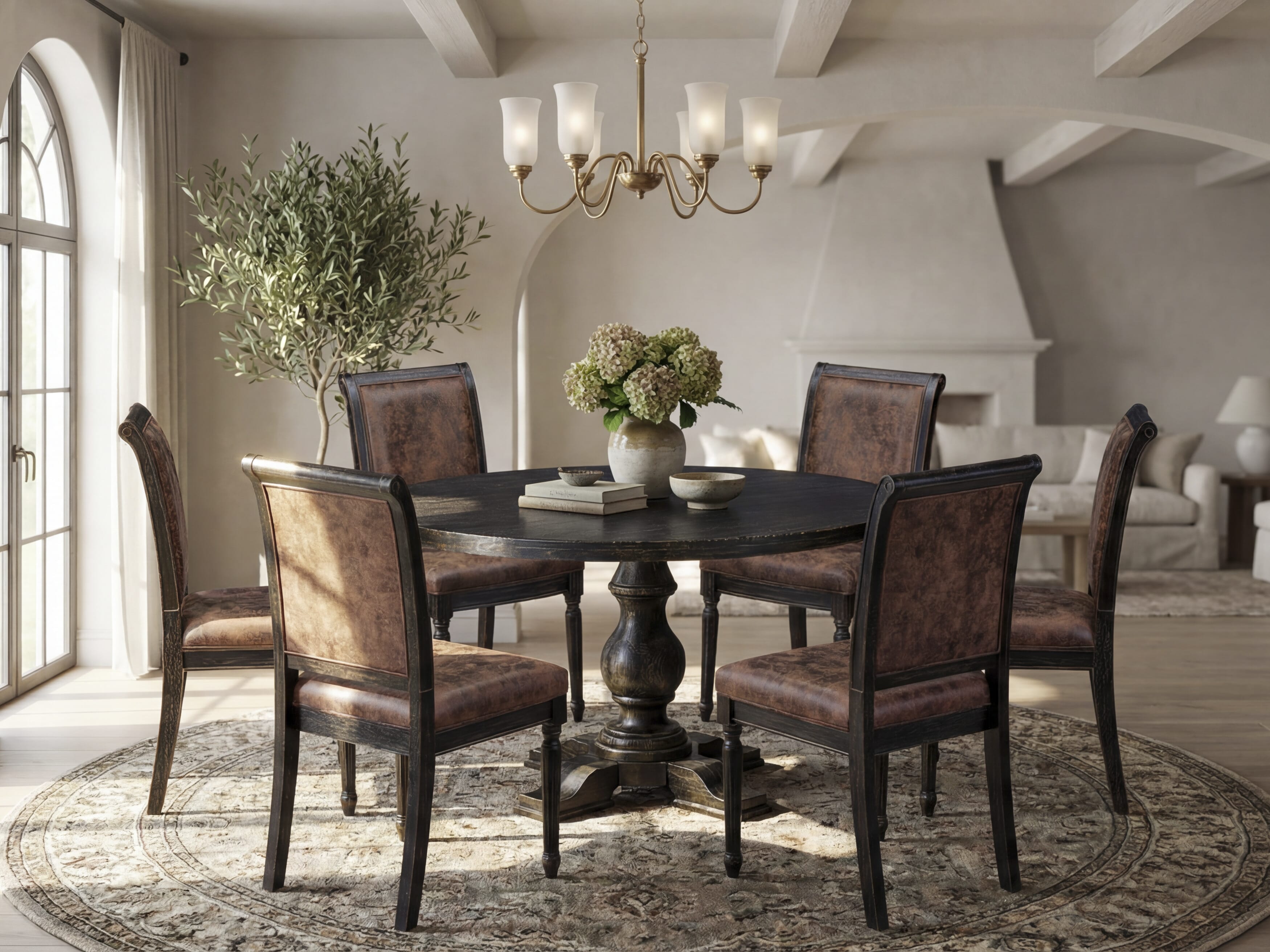 Luxe by East West Furniture I5CY7-511-33 7-piece Dining Room Set with Polyester 6 Brown Textured dining room chairs, High Back, and A Round Table in Sand Blasting Black Finish.