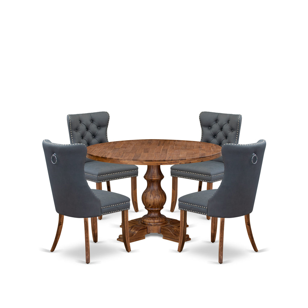 Luxe by East West Furniture I5DA5-40N-13 5-piece Mid-century Dining table set included a Dining Table and 4 Platinum Gray Faux Leather Dinner Chairs with Button Tufted Back - Antique Walnut Finish