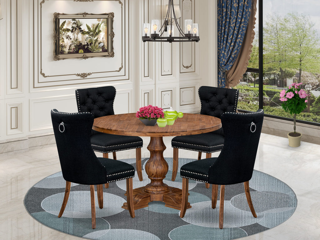 Luxe by East West Furniture I5DA5-40N-24 5-Piece Modern Dining Table Set with Linen Fabric 4 Black Padded chairs, Button-Tufted Backs, and a 48"Round Dining Table in Antique Walnut Finish.