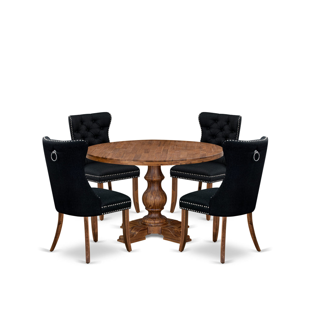 Luxe by East West Furniture I5DA5-40N-24 5-Piece Modern Dining Table Set with Linen Fabric 4 Black Padded chairs, Button-Tufted Backs, and a 48"Round Dining Table in Antique Walnut Finish.