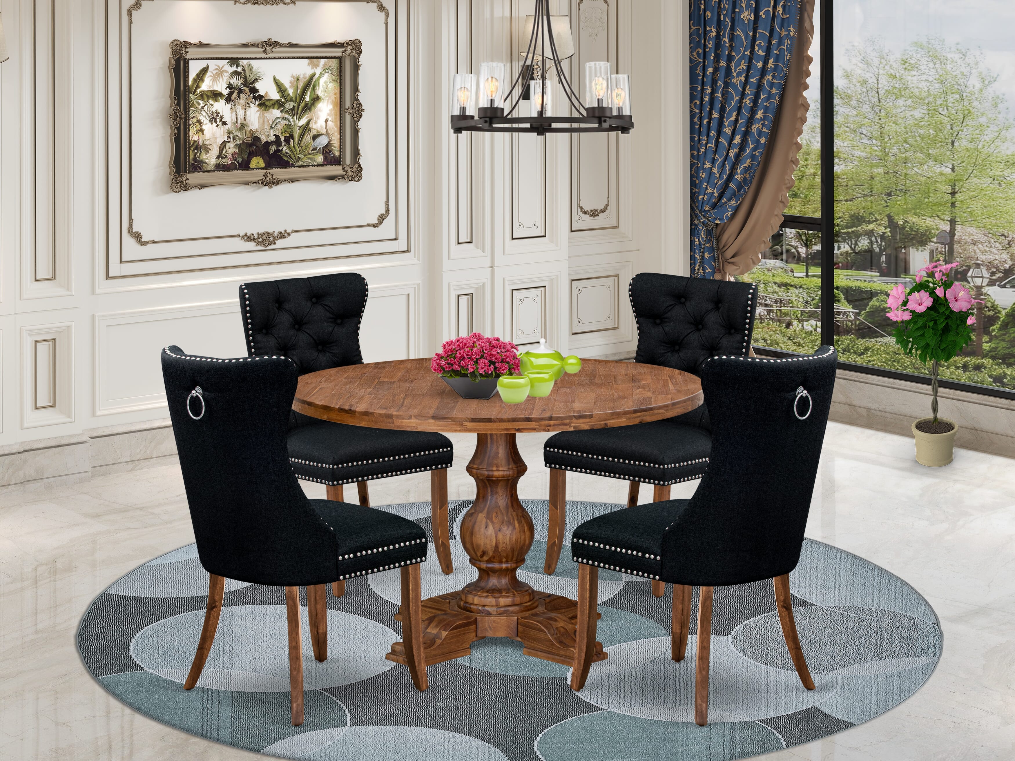 Luxe by East West Furniture I5DA5-40N-24 5-Piece Modern Dining Table Set with Linen Fabric 4 Black Padded chairs, Button-Tufted Backs, and a 48"Round Dining Table in Antique Walnut Finish.