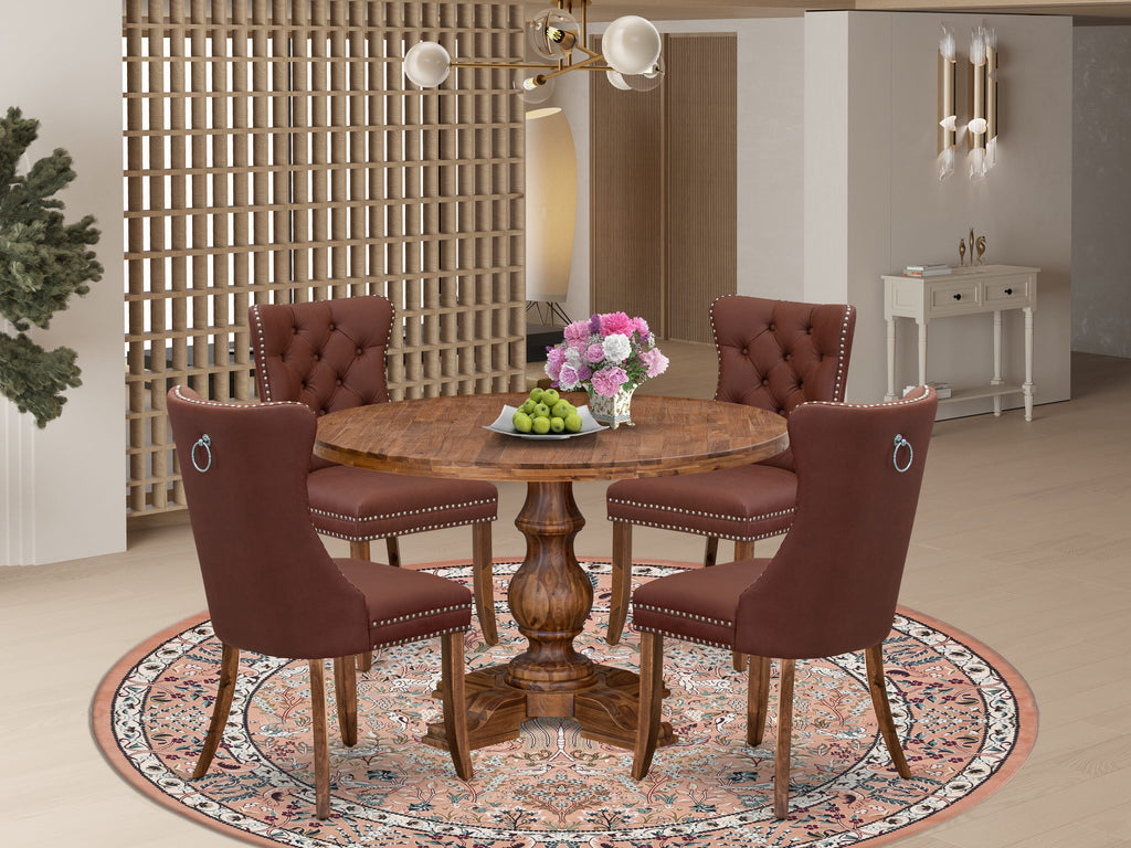 Luxe by East West Furniture I5DA5-40N-26 5-Pc Mid Century Modern Dining Set Contain a Wood Table and 4 Burgundy Faux Leather Chairs with Button-Tufted Back, Antique Walnut