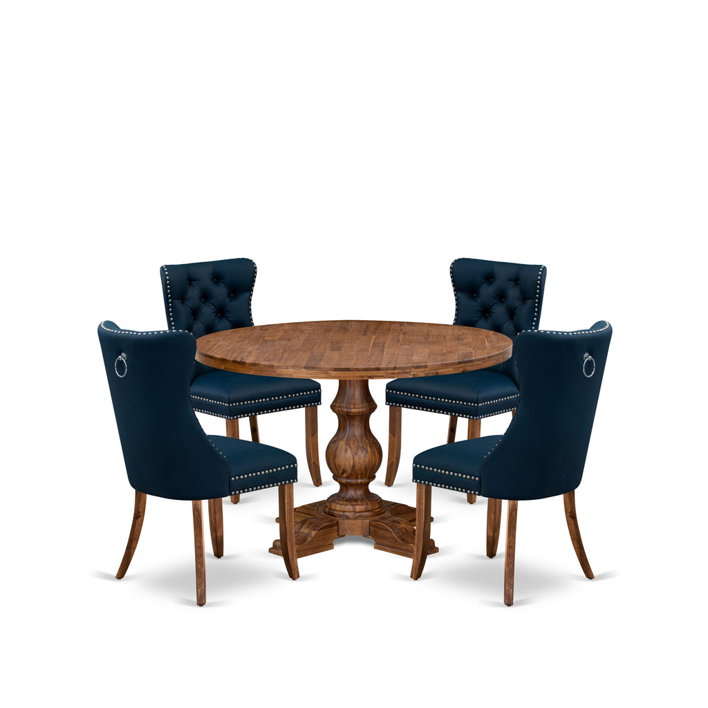 Luxe by East West Furniture I5DA5-40N-29 5-Piece Modern Dining Set with Faux Leather 4 Navy Blue Kitchen chairs, Button-Tufted Backs, and a 48"Round Kitchen Table in Antique Walnut Finish.