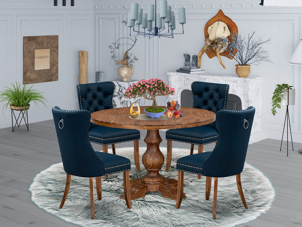 Luxe by East West Furniture I5DA5-40N-29 5-Piece Modern Dining Set with Faux Leather 4 Navy Blue Kitchen chairs, Button-Tufted Backs, and a 48"Round Kitchen Table in Antique Walnut Finish.