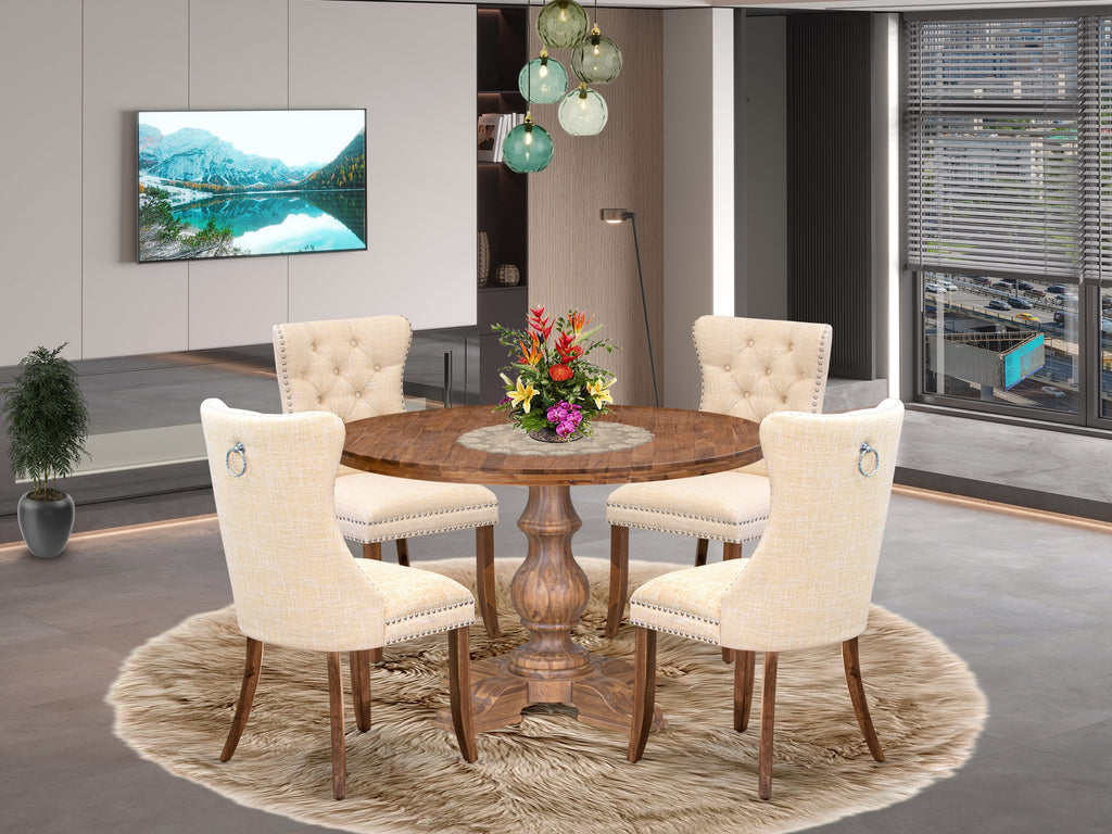 Luxe by East West Furniture I5DA5-40N-32 5-piece Kitchen Set with Linen Fabric 4 Light Beige upholstered dining chairs, Button-Tufted Backs, and a 48"Round Dinner Table in Antique Walnut Finish.