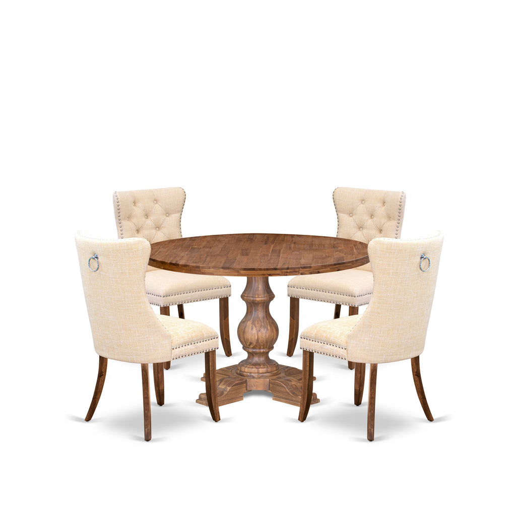 Luxe by East West Furniture I5DA5-40N-32 5-piece Kitchen Set with Linen Fabric 4 Light Beige upholstered dining chairs, Button-Tufted Backs, and a 48"Round Dinner Table in Antique Walnut Finish.