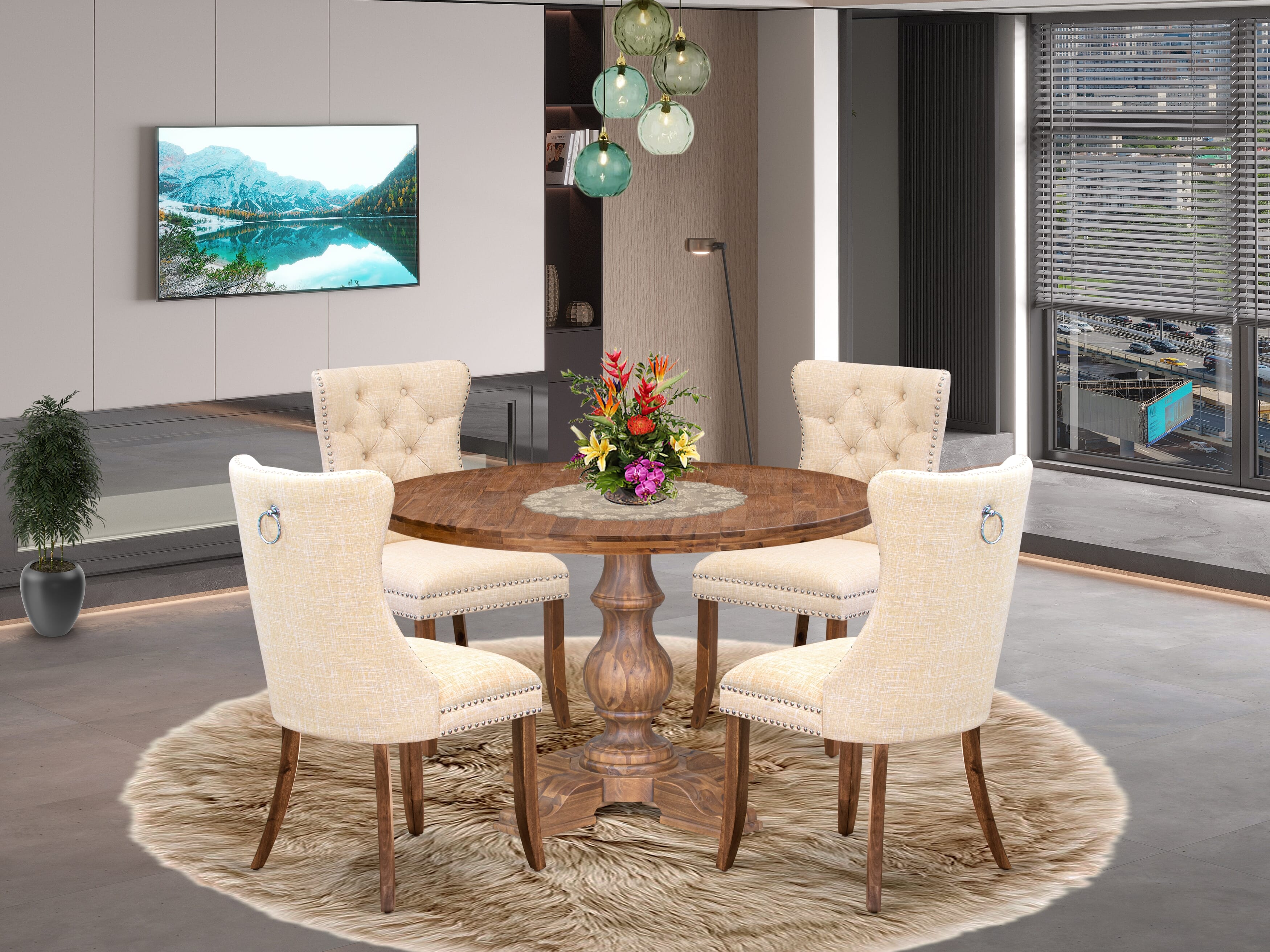 Luxe by East West Furniture I5DA5-40N-32 5-piece Kitchen Set with Linen Fabric 4 Light Beige upholstered dining chairs, Button-Tufted Backs, and a 48"Round Dinner Table in Antique Walnut Finish.
