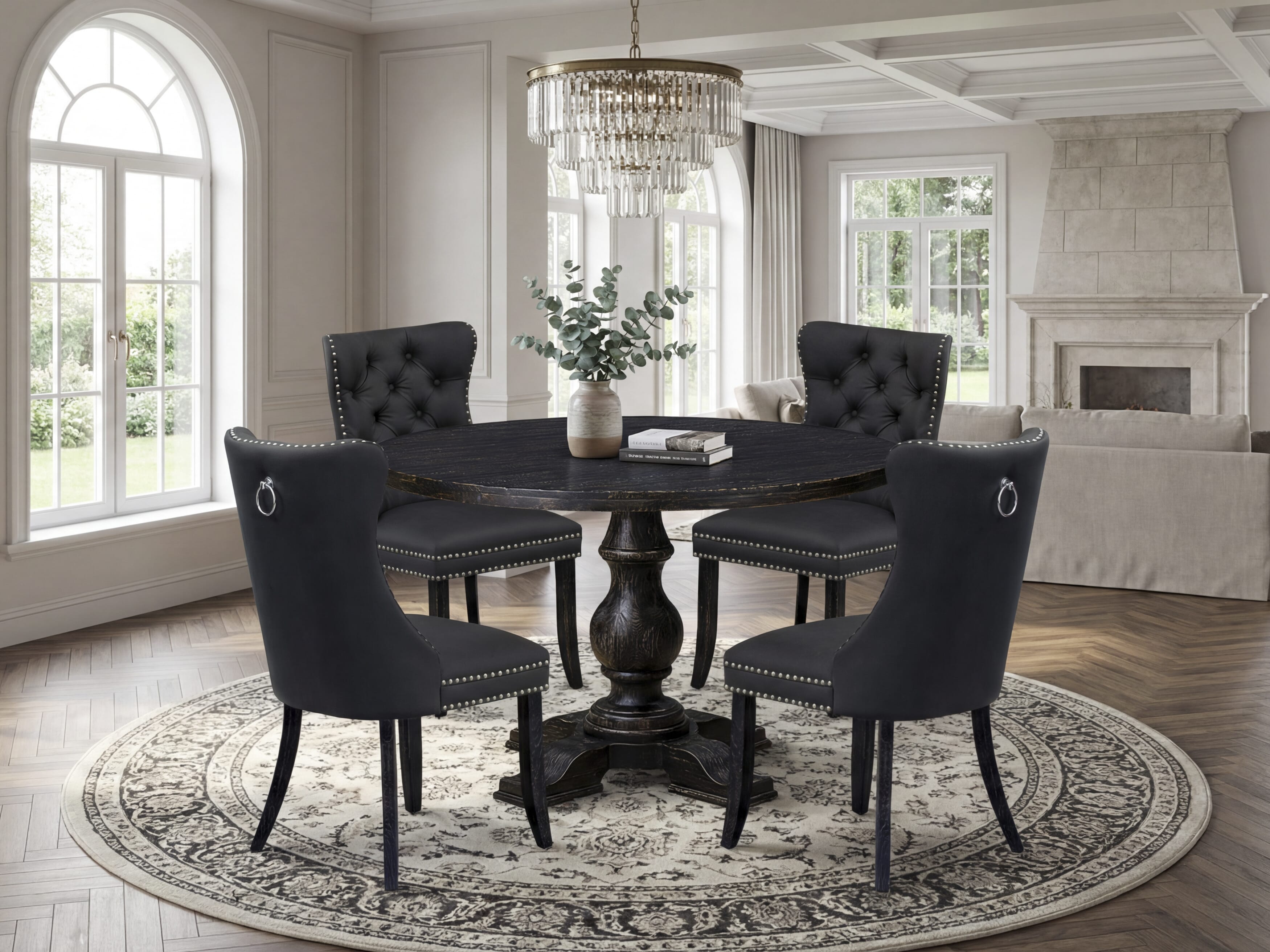 Luxe by East West Furniture I5DA5-411-12 5-Piece Modern Dining Set with Faux Leather 4 Dark Gray upholstered chairs, Button-Tufted Backs, and a 48"Round Table in Sand Blasted Black Finish.