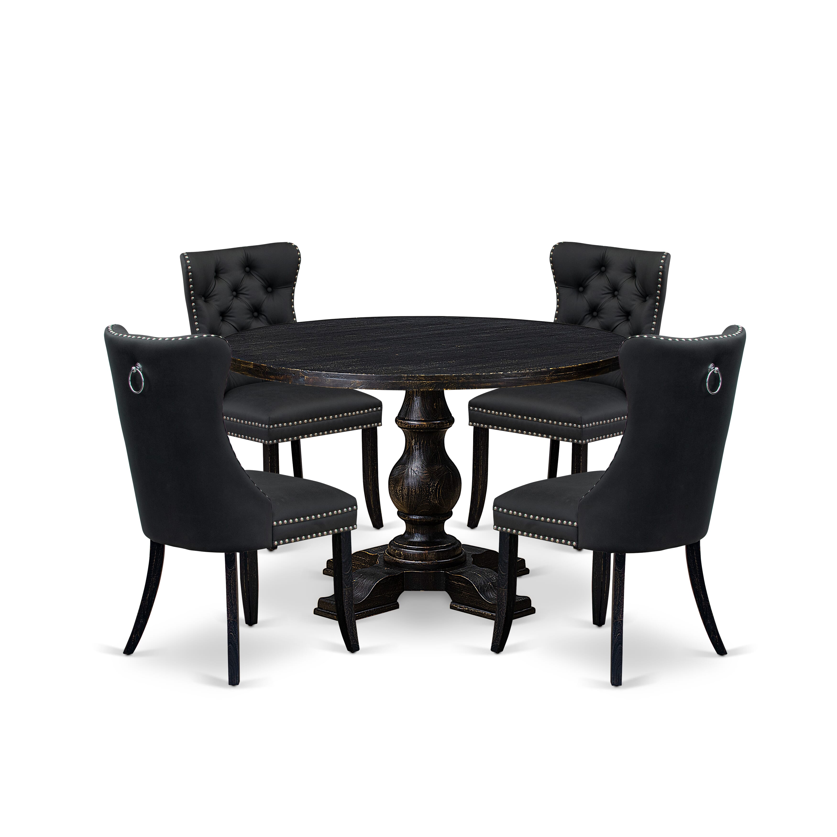 Luxe by East West Furniture I5DA5-411-12 5-Piece Modern Dining Set with Faux Leather 4 Dark Gray upholstered chairs, Button-Tufted Backs, and a 48"Round Table in Sand Blasted Black Finish.