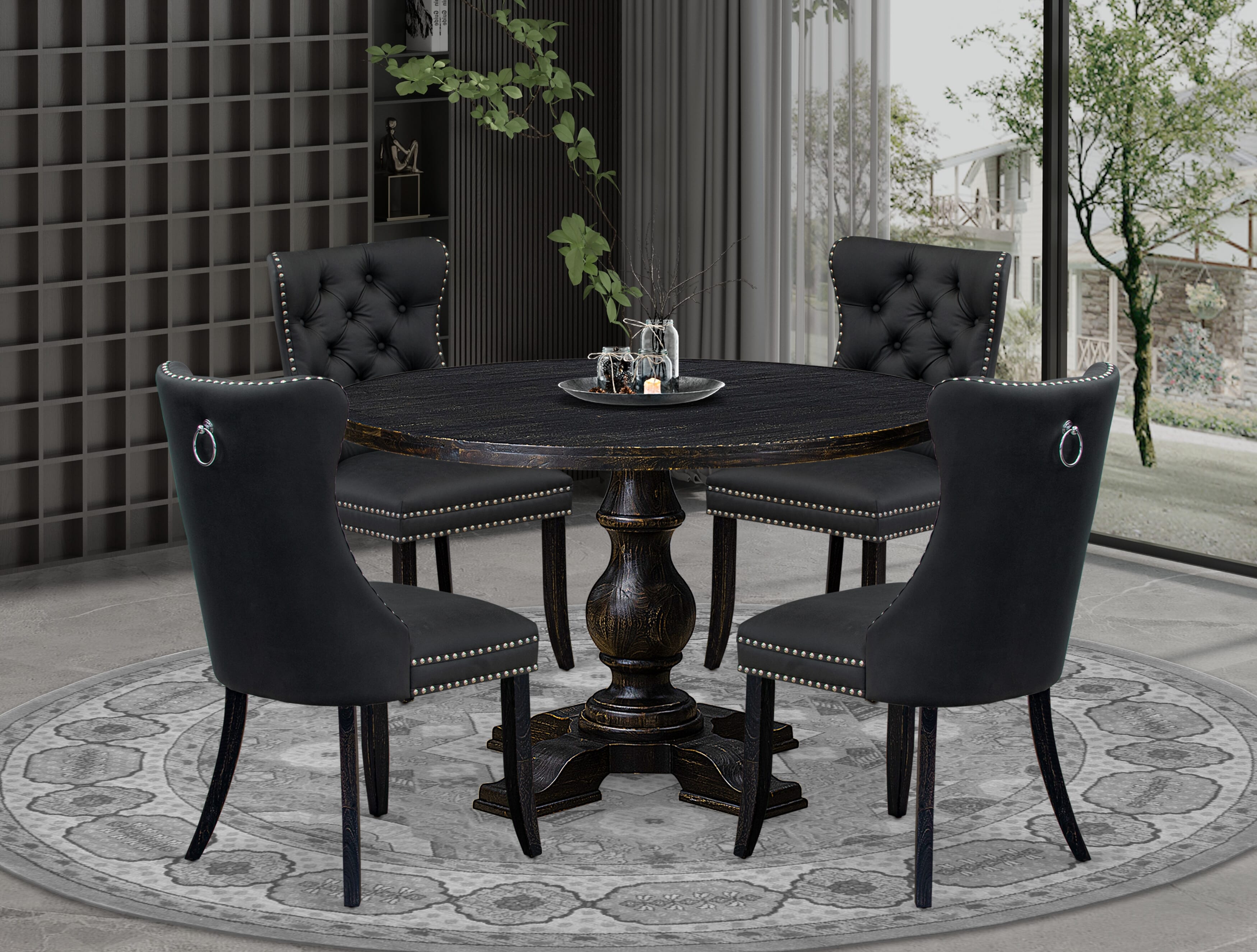 Luxe by East West Furniture I5DA5-411-12 5-Piece Modern Dining Set with Faux Leather 4 Dark Gray upholstered chairs, Button-Tufted Backs, and a 48"Round Table in Sand Blasted Black Finish.