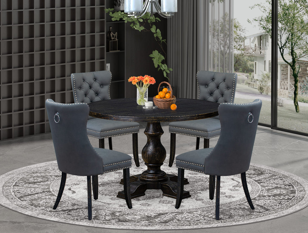 Luxe by East West Furniture I5DA5-411-13 5-piece Kitchen Table Set with Faux Leather 4 Platinum Gray dining room chairs, Button-Tufted Backs, and a 48"Round Kitchen Table in Sand Blasted Black Finish.