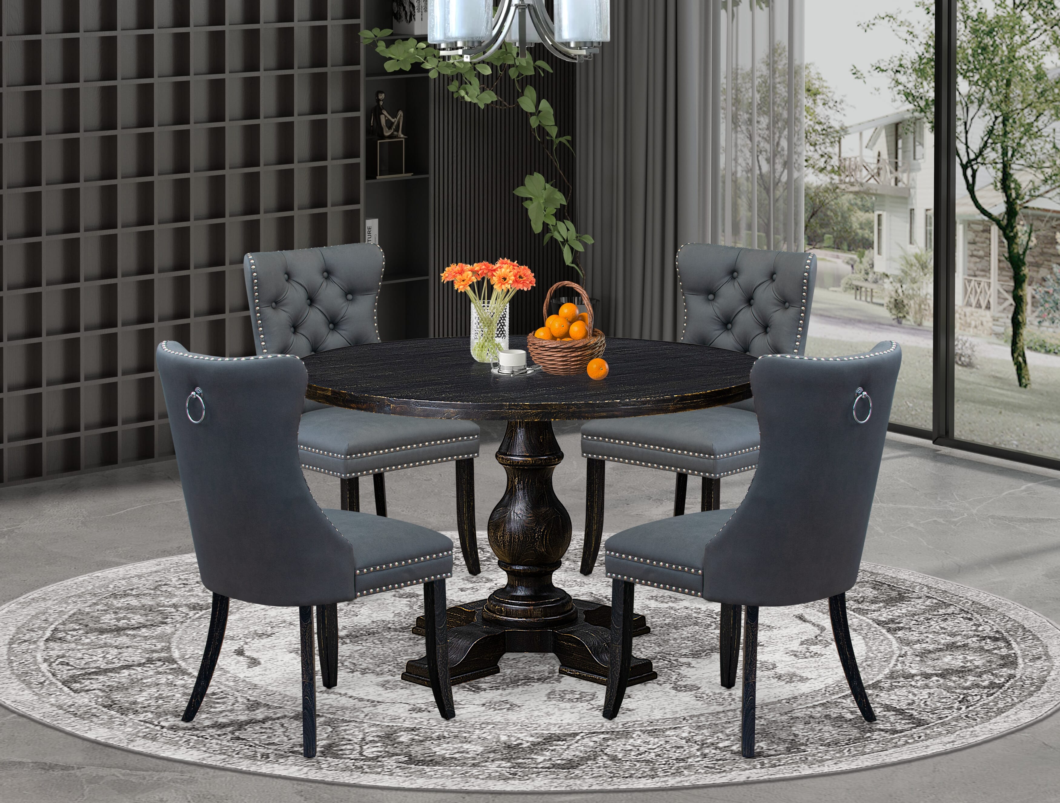 Luxe by East West Furniture I5DA5-411-13 5-piece Kitchen Table Set with Faux Leather 4 Platinum Gray dining room chairs, Button-Tufted Backs, and a 48"Round Kitchen Table in Sand Blasted Black Finish.