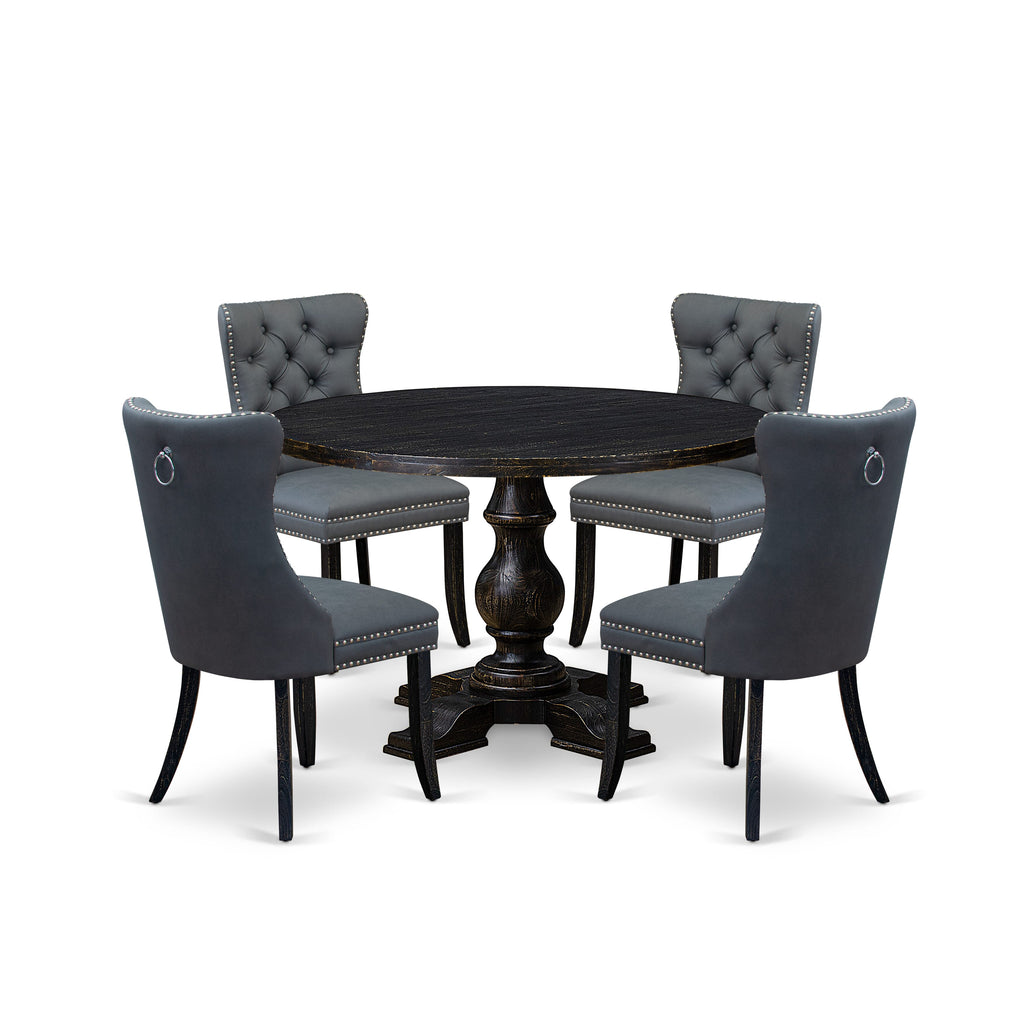 Luxe by East West Furniture I5DA5-411-13 5-piece Kitchen Table Set with Faux Leather 4 Platinum Gray dining room chairs, Button-Tufted Backs, and a 48"Round Kitchen Table in Sand Blasted Black Finish.