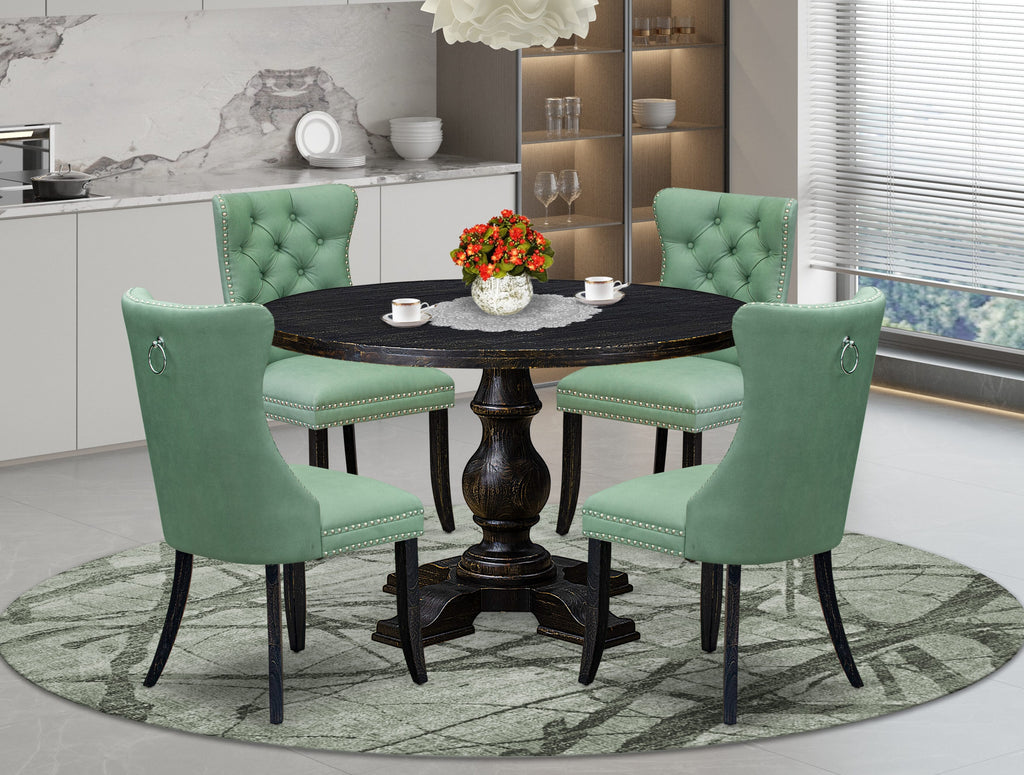 Luxe by East West Furniture I5DA5-411-22 5 Piece Dining Set Consists of a 48" Round Table with Pedestal and 4 Willow Green Faux Leather Upholstered Chairs, Sand Blasted Black