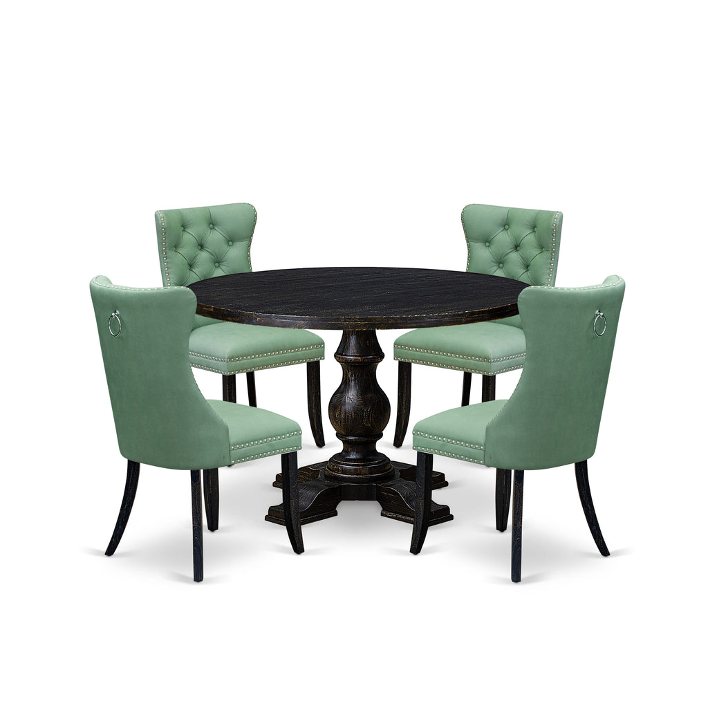 Luxe by East West Furniture I5DA5-411-22 5 Piece Dining Set Consists of a 48" Round Table with Pedestal and 4 Willow Green Faux Leather Upholstered Chairs, Sand Blasted Black