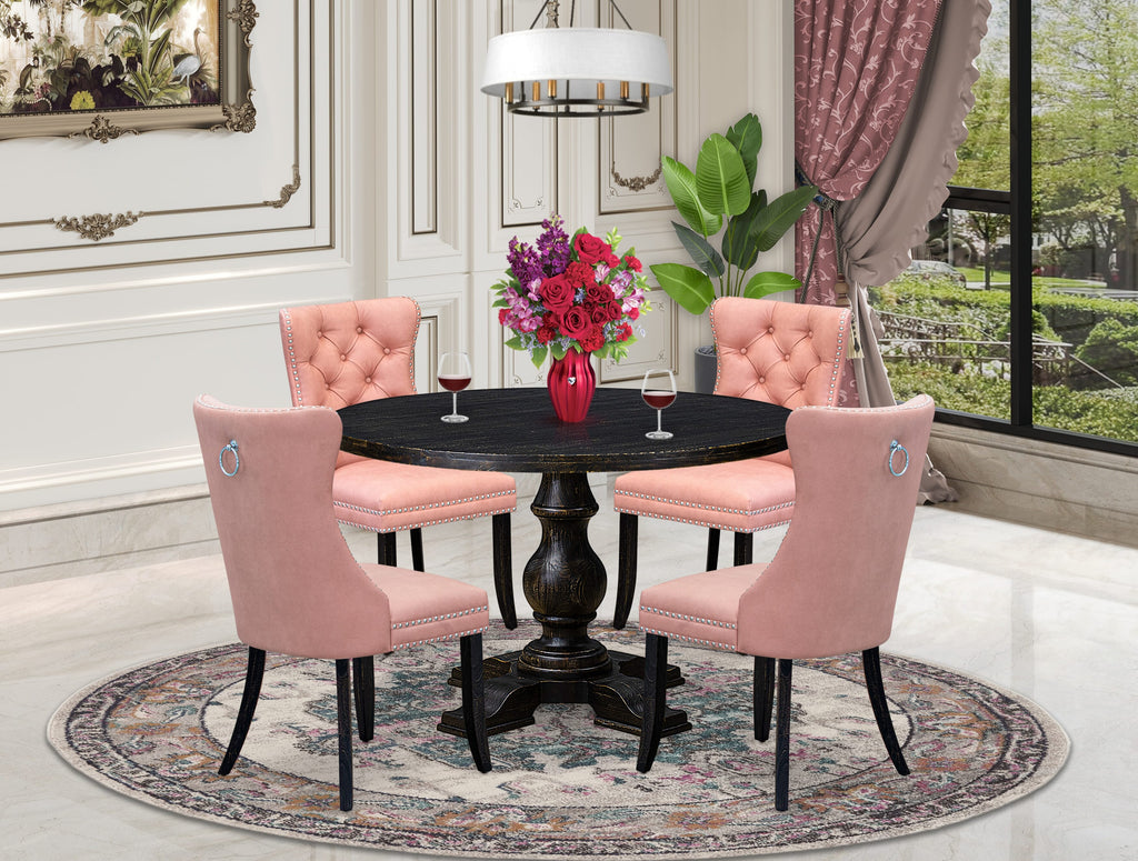 Luxe by East West Furniture I5DA5-411-23 5 Piece Dining Set for 4 Consists of a 48" Round Table with Pedestal and 4 Beige Red Faux Leather Padded Chairs, Sand Blasted Black