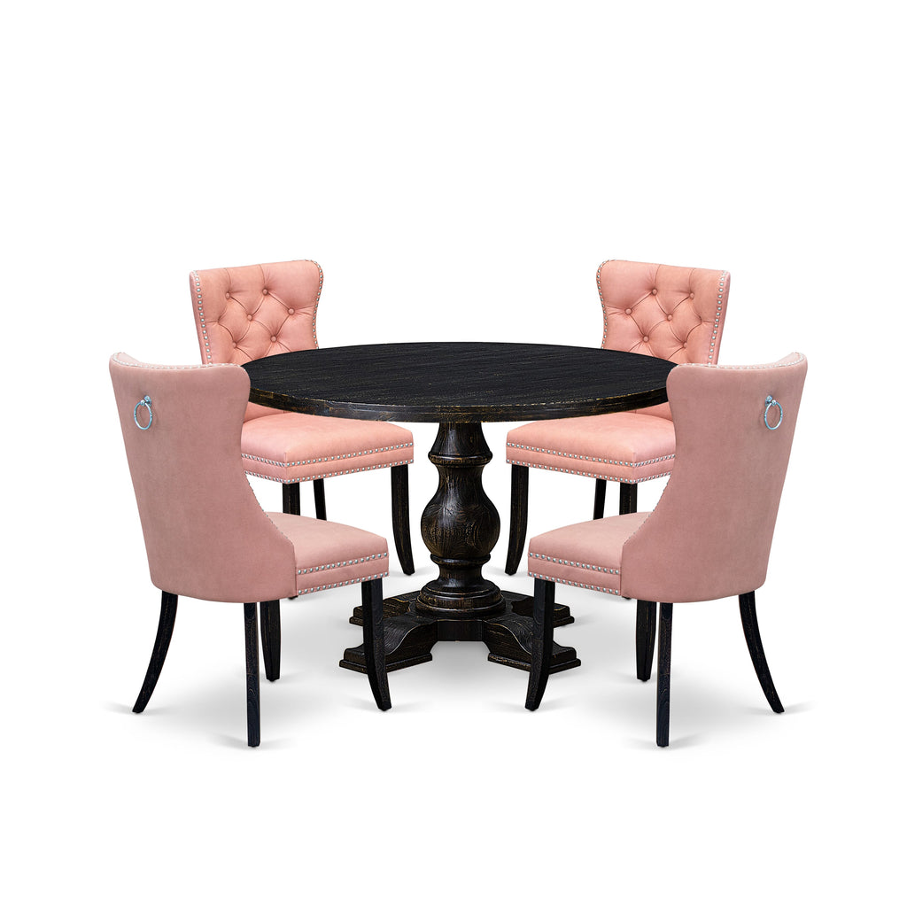 Luxe by East West Furniture I5DA5-411-23 5 Piece Dining Set for 4 Consists of a 48" Round Table with Pedestal and 4 Beige Red Faux Leather Padded Chairs, Sand Blasted Black
