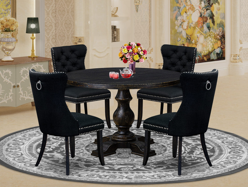 Luxe by East West Furniture I5DA5-411-24 5-piece Dining Room Set included a dining table and 4 Black Linen Fabric dining chairs with Button Tufted Back - Sand Blasted Black