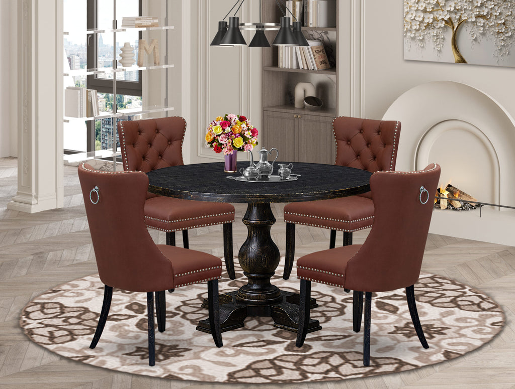 Luxe by East West Furniture I5DA5-411-26 5 Piece Dining Table Set Consists of a 48" Round Table with Pedestal and 4 Burgandy Faux Leather Parson Chairs, Sand Blasted Black