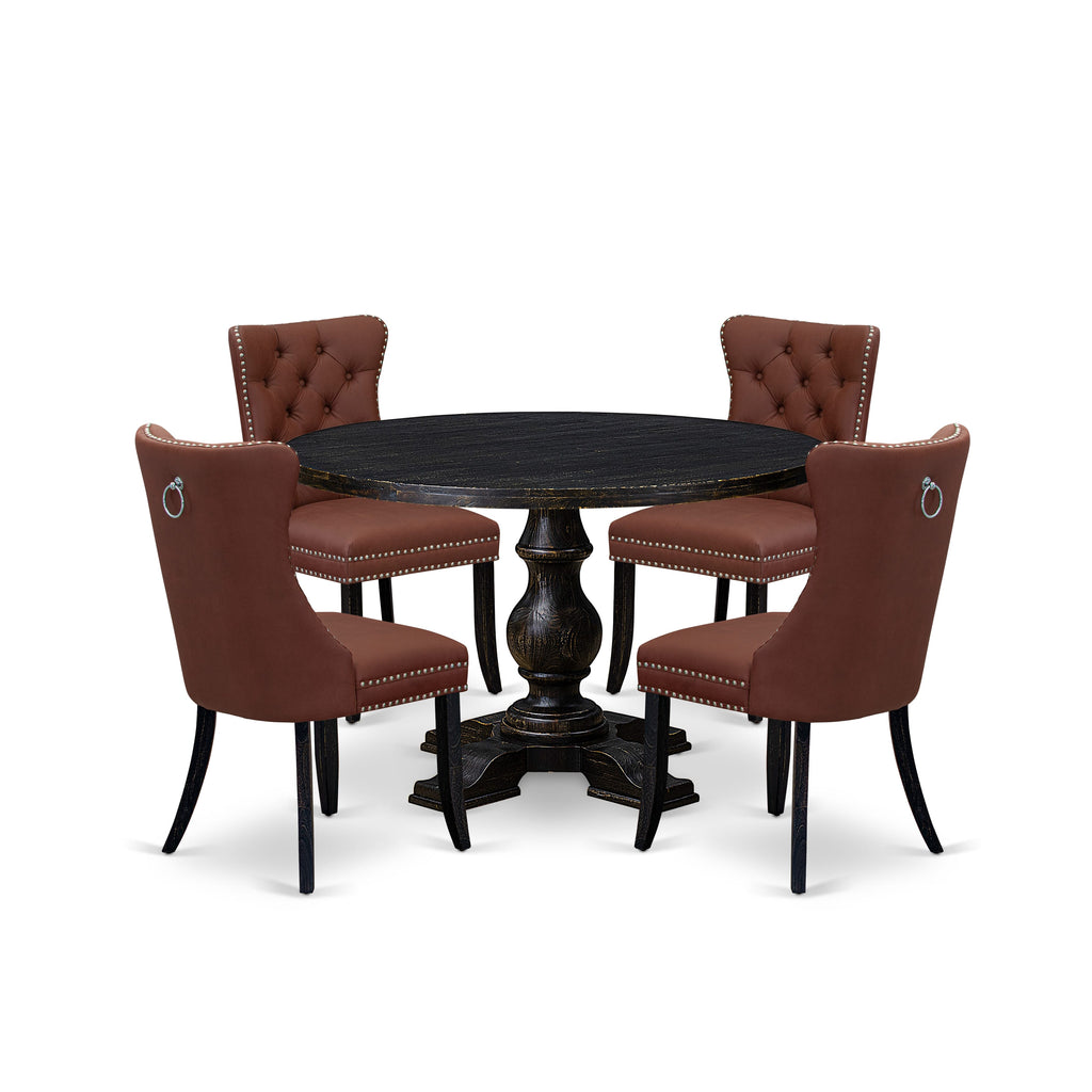 Luxe by East West Furniture I5DA5-411-26 5 Piece Dining Table Set Consists of a 48" Round Table with Pedestal and 4 Burgandy Faux Leather Parson Chairs, Sand Blasted Black