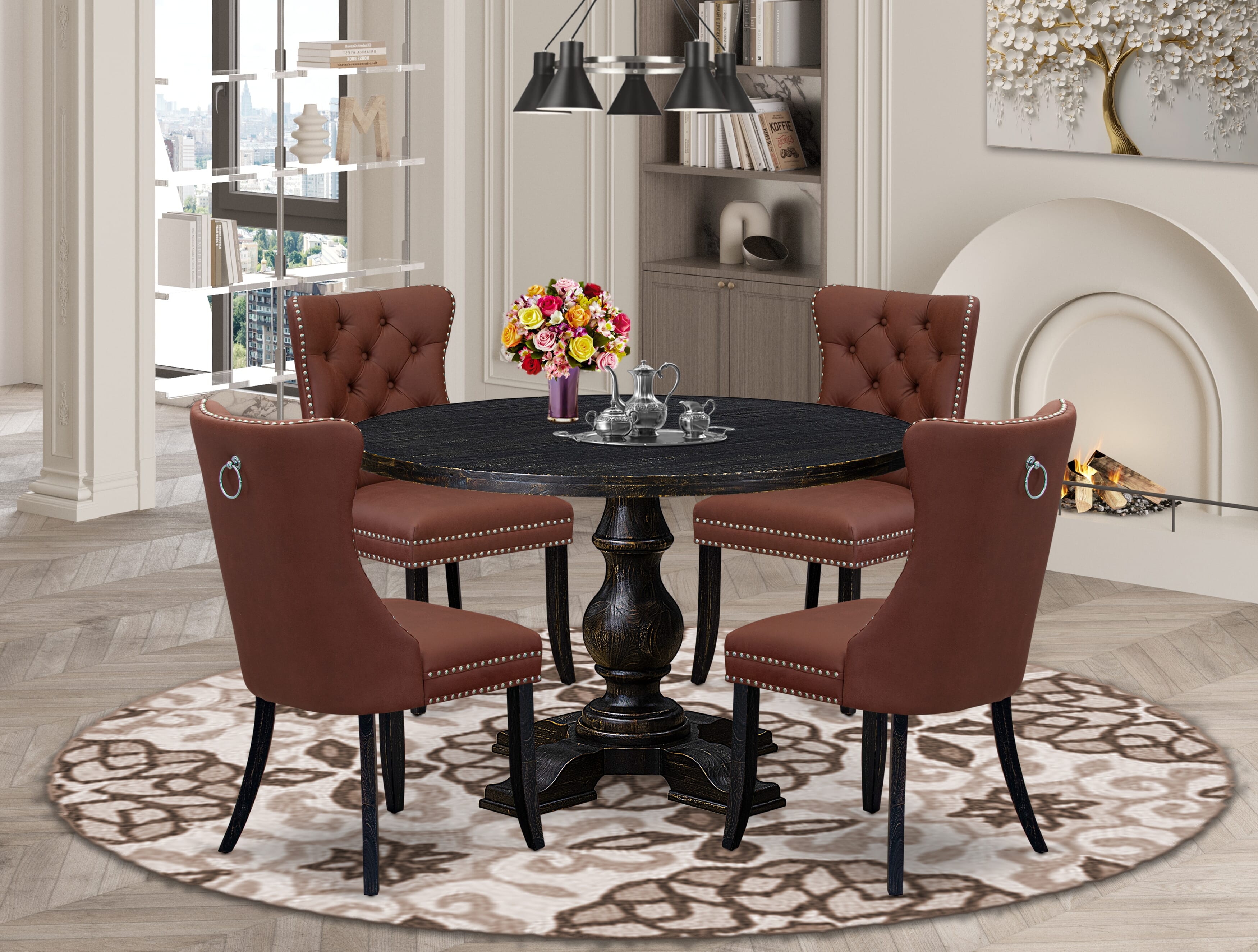 Luxe by East West Furniture I5DA5-411-26 5 Piece Dining Table Set Consists of a 48" Round Table with Pedestal and 4 Burgandy Faux Leather Parson Chairs, Sand Blasted Black