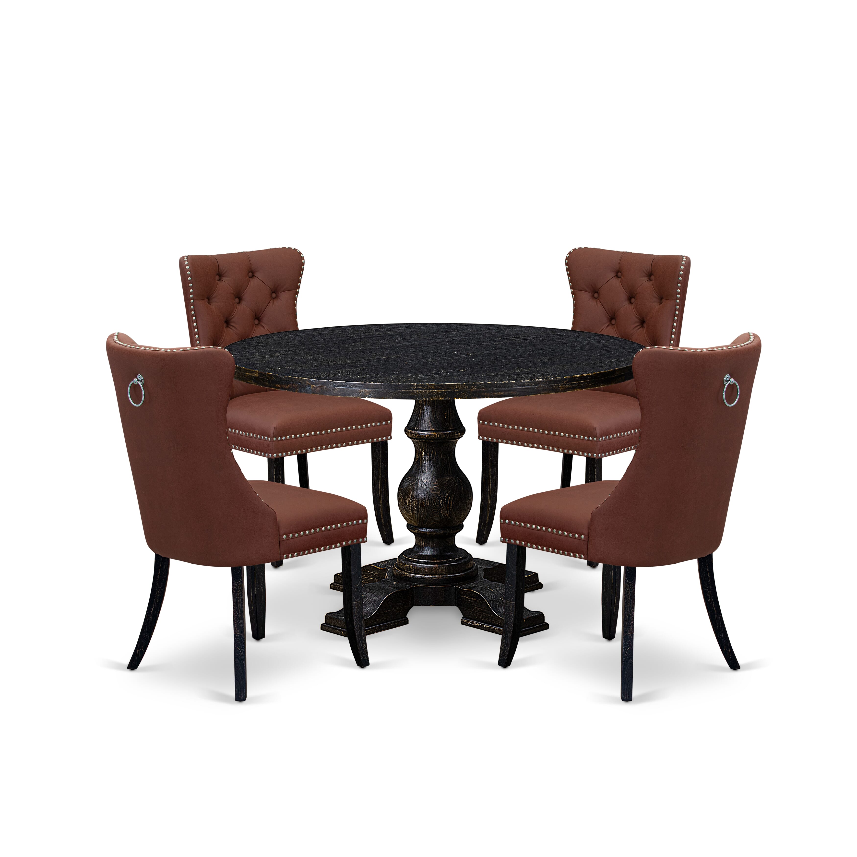 Luxe by East West Furniture I5DA5-411-26 5 Piece Dining Table Set Consists of a 48" Round Table with Pedestal and 4 Burgandy Faux Leather Parson Chairs, Sand Blasted Black