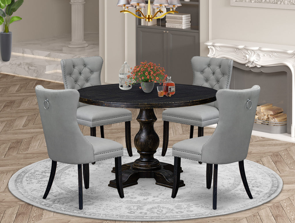 Luxe by East West Furniture I5DA5-411-27 5 Piece Dining Table Set Consists of a 48" Round Table with Pedestal and 4 Light Gray Faux Leather Parson Chairs, Sand Blasted Black