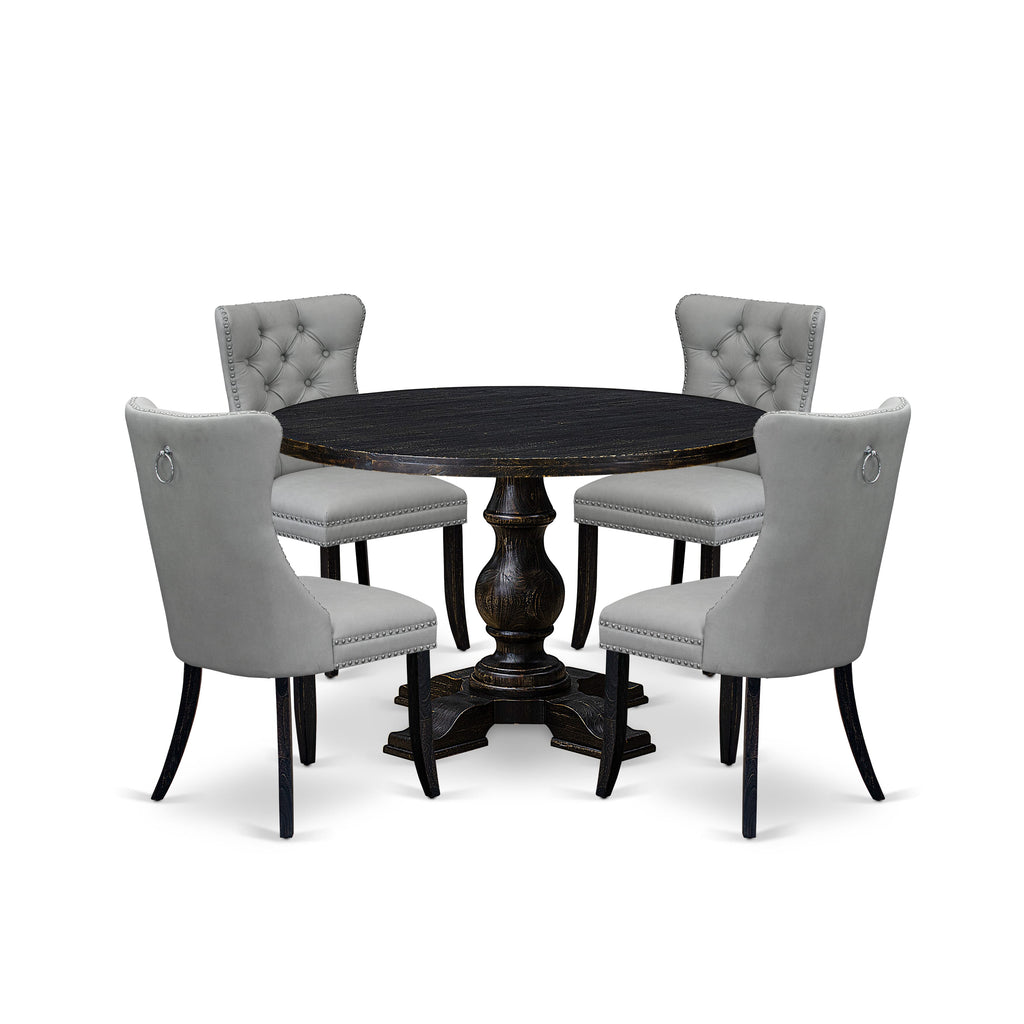 Luxe by East West Furniture I5DA5-411-27 5 Piece Dining Table Set Consists of a 48" Round Table with Pedestal and 4 Light Gray Faux Leather Parson Chairs, Sand Blasted Black