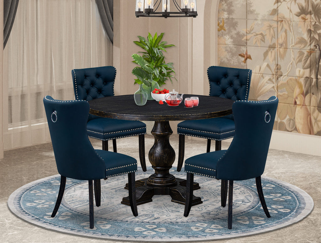 Luxe by East West Furniture I5DA5-411-29 5 Piece Dining Table Set Consists of a 48" Round Table with Pedestal and 4 Navy Blue Faux Leather Parson Chairs, Sand Blasted Black