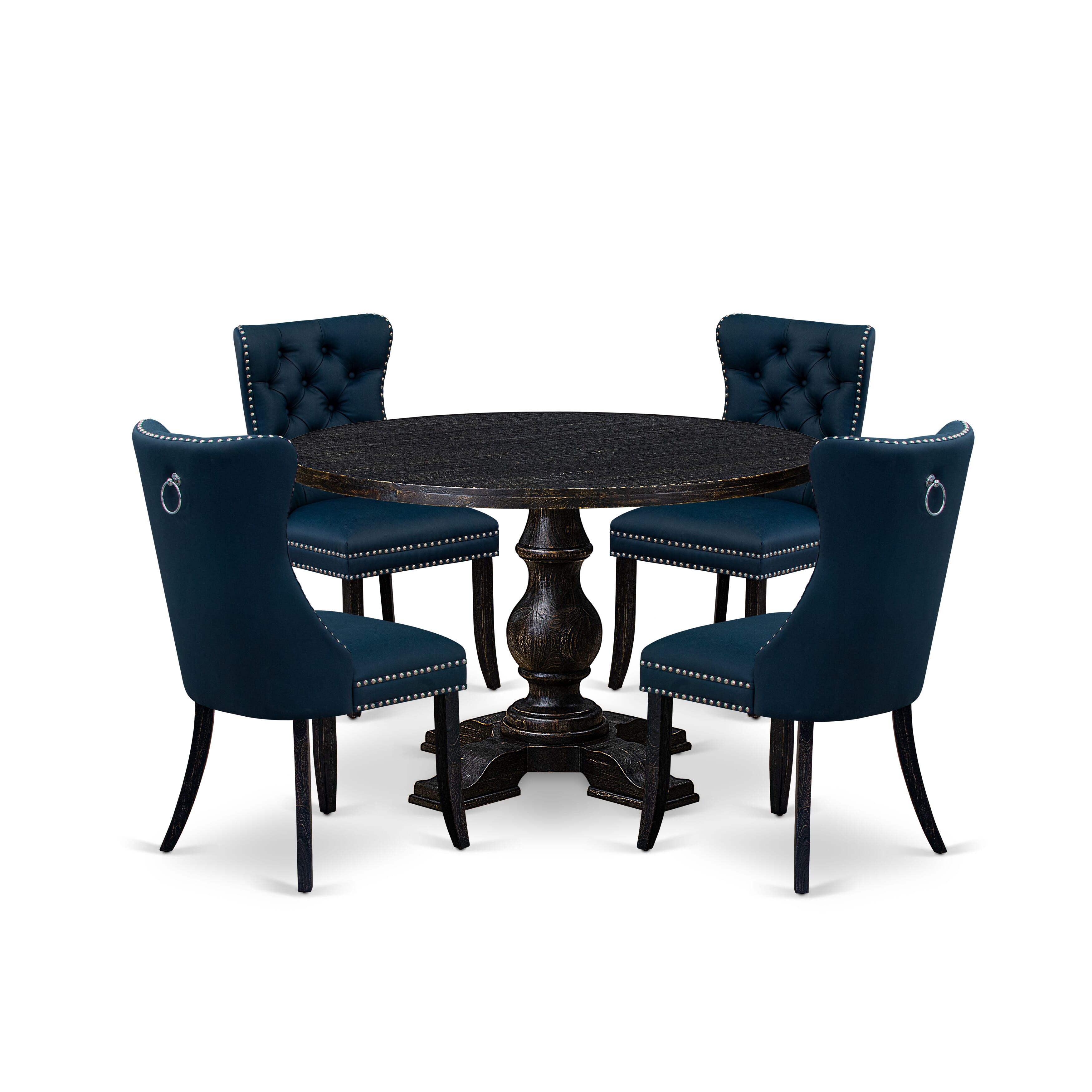 Luxe by East West Furniture I5DA5-411-29 5 Piece Dining Table Set Consists of a 48" Round Table with Pedestal and 4 Navy Blue Faux Leather Parson Chairs, Sand Blasted Black